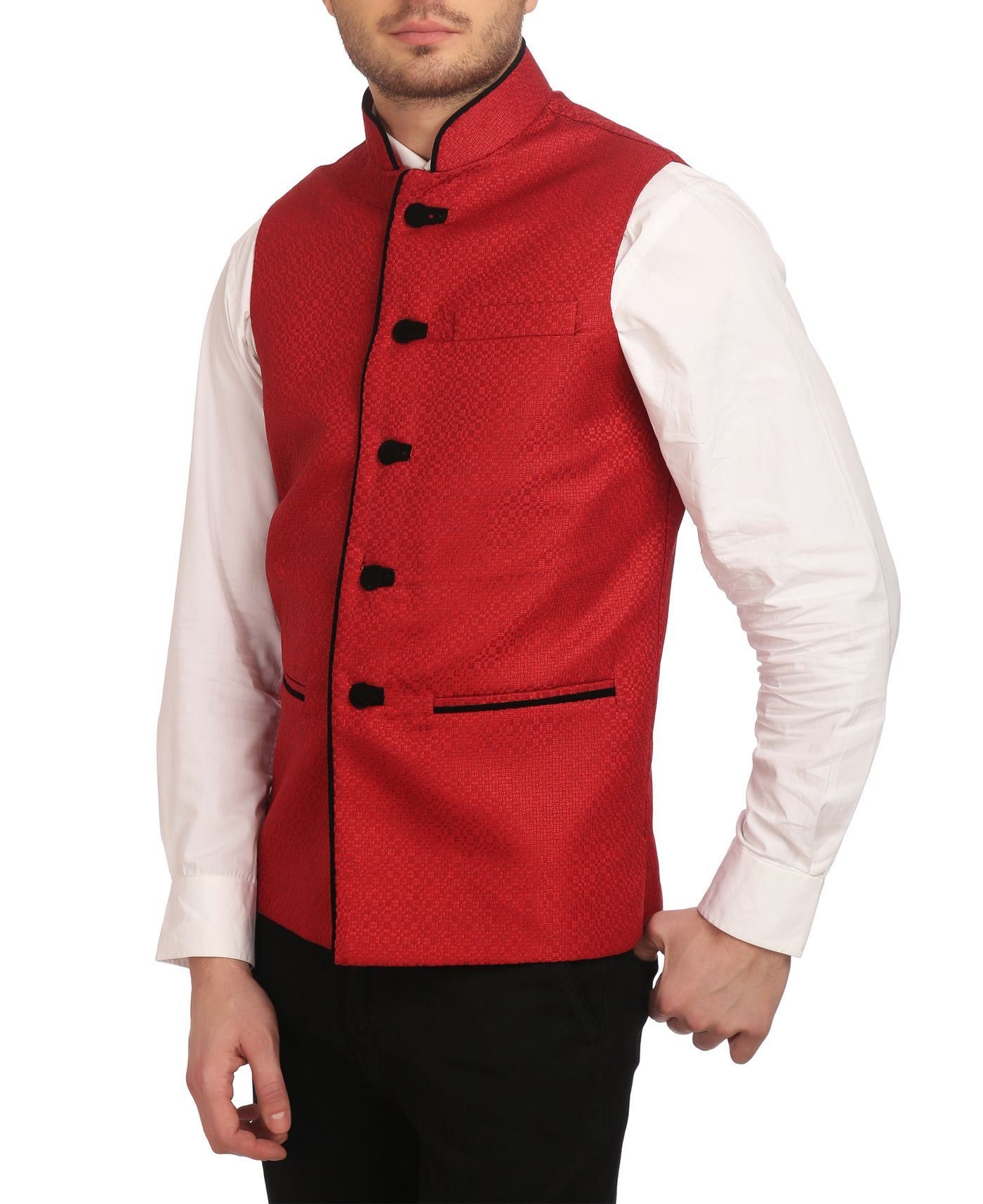 WINTAGE Men's Banarasi Rayon Cotton Casual and Festive Nehru Jacket Vest Waistcoat : Red