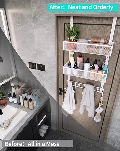 Miniatura 15 de HapiRm Gancho para puerta con 2 cestas de malla y 9 ganchos, acero inoxidable 304 sin perforaciones sobre el colgador de puerta, organizador