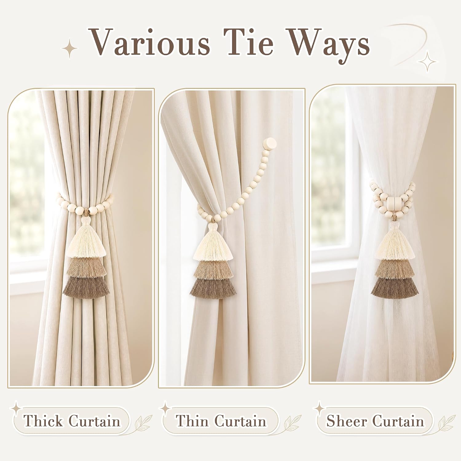 Magnetic Curtain Tiebacks, Wood Bead Curtain Holdbacks, Beige, 2 Pcs