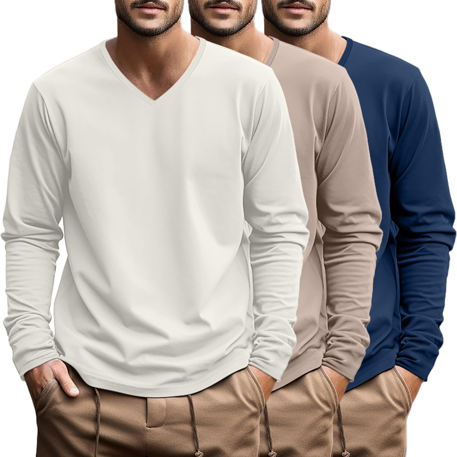 Ficerd 3 Pack Big and Tall Shirts for Men V Neck Cotton Long Sleeve Tee L-7XL Casual Loose Tops Oversized Basic T Shirts