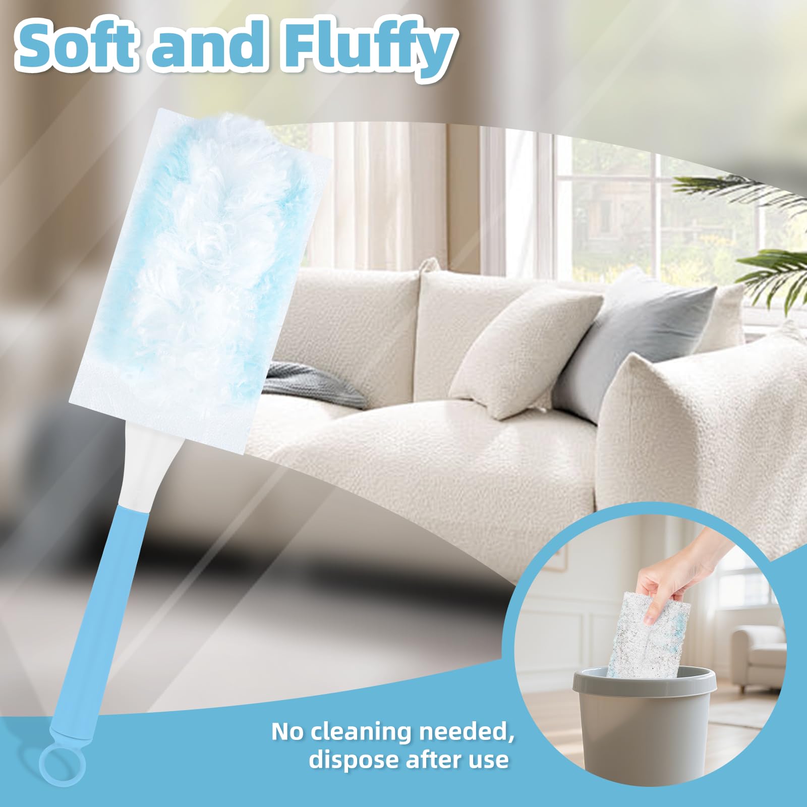 52 Pezzi Panni Catturapolvere Compatibile con Swiffer Ricarica Panno Magnetico per la Polvere per Pulire Peli di Animali, Polvere e Sporco (50 Piumini + 2 Manici, Blu)