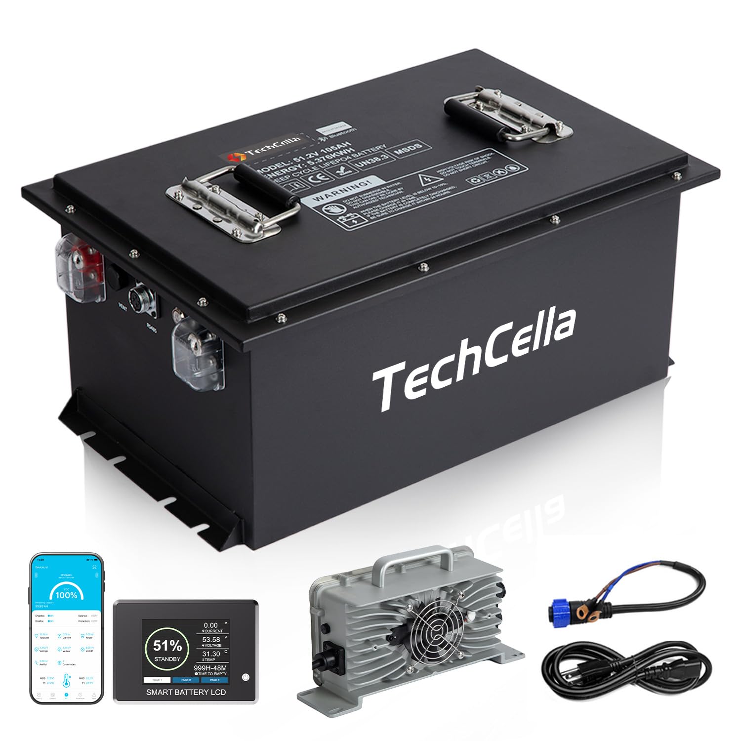 48V 105Ah Lithium Battery for Golf Cart, 200A BMS, Touch Screen & Mobile APP, with 58.4V 22A Charger, Low Temp Cut Off, Max 10.24kW Power Output for EZ GO, Club Car, Yamaha Golf Cart