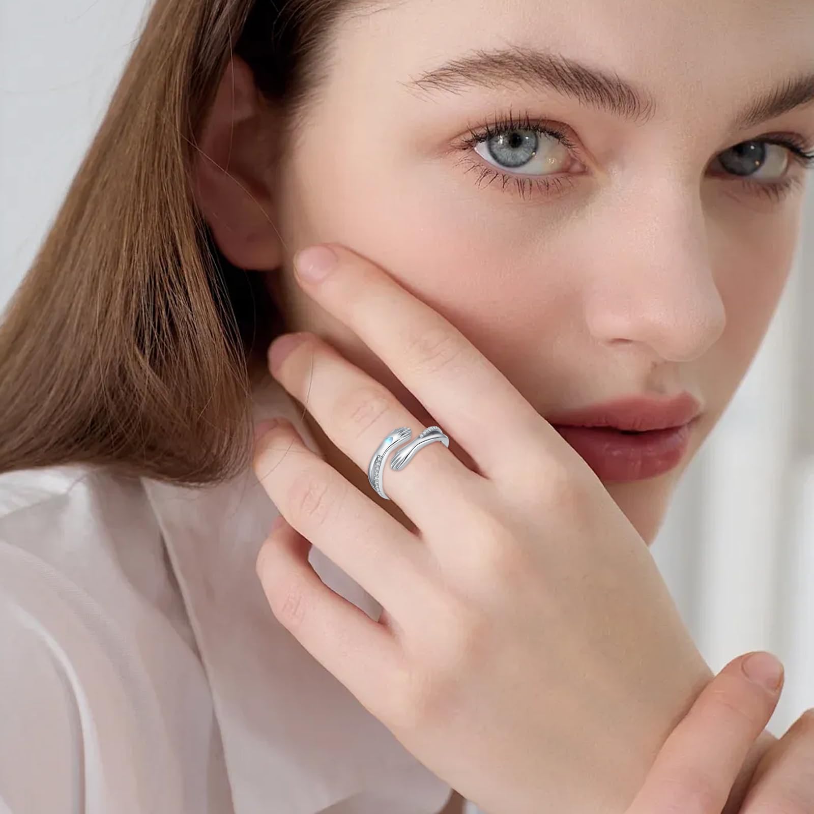 Anillo de Abrazo, Anillo de plata de ley 925 para mujer, Anillos Piedra de Nacimiento y Anillas Ajustables, Anillos partido Regalos de Joyería para madres, amantes y niñas