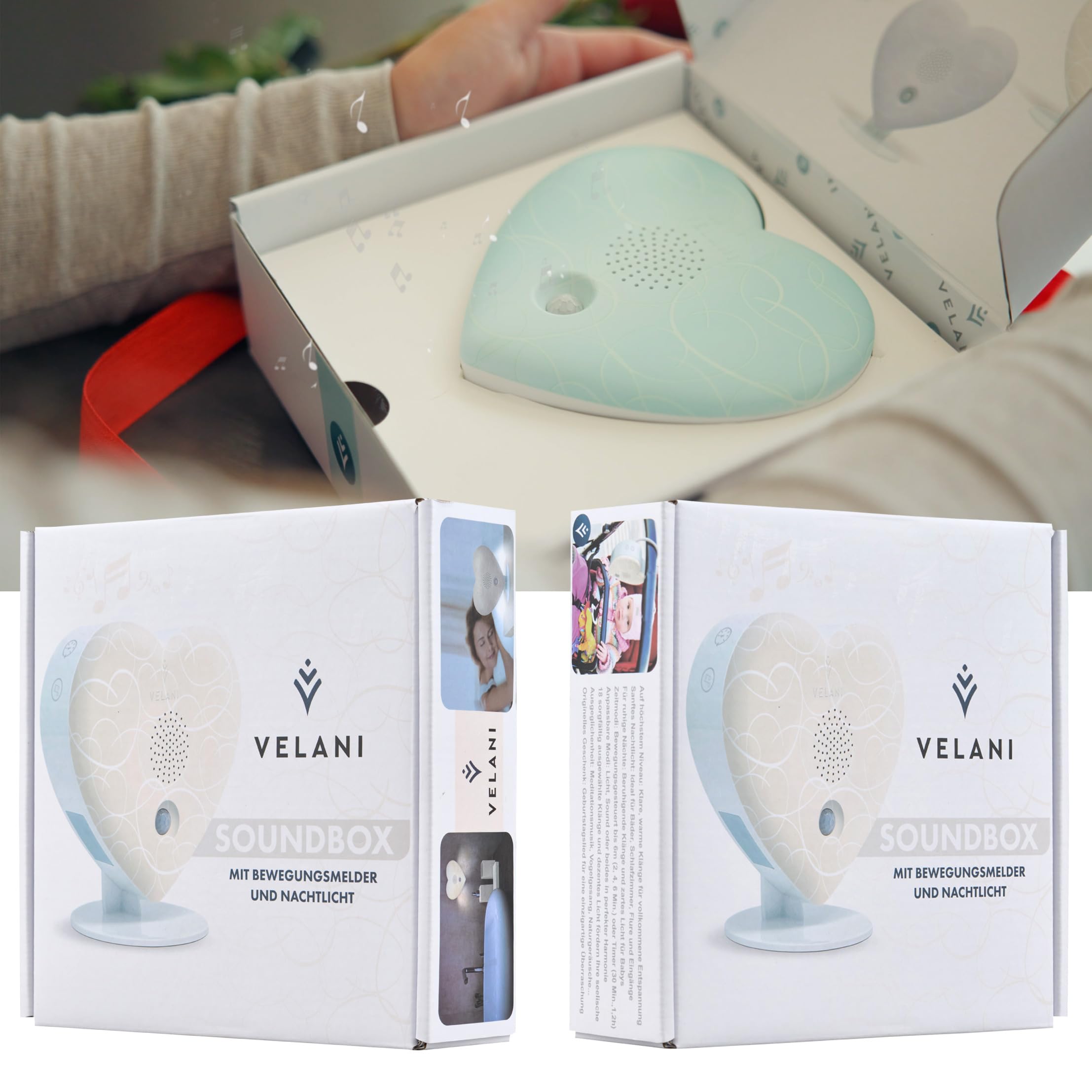 Zwitscher Naturgeräusche Box mit Bewegungsmelder - 18 brillante Klänge, Timer 2–120 Min. für Entspannung im Gäste WC, Vogelgezwitscher Box – VELANI Prestige (Pastell-Cremeweiß, Herz)