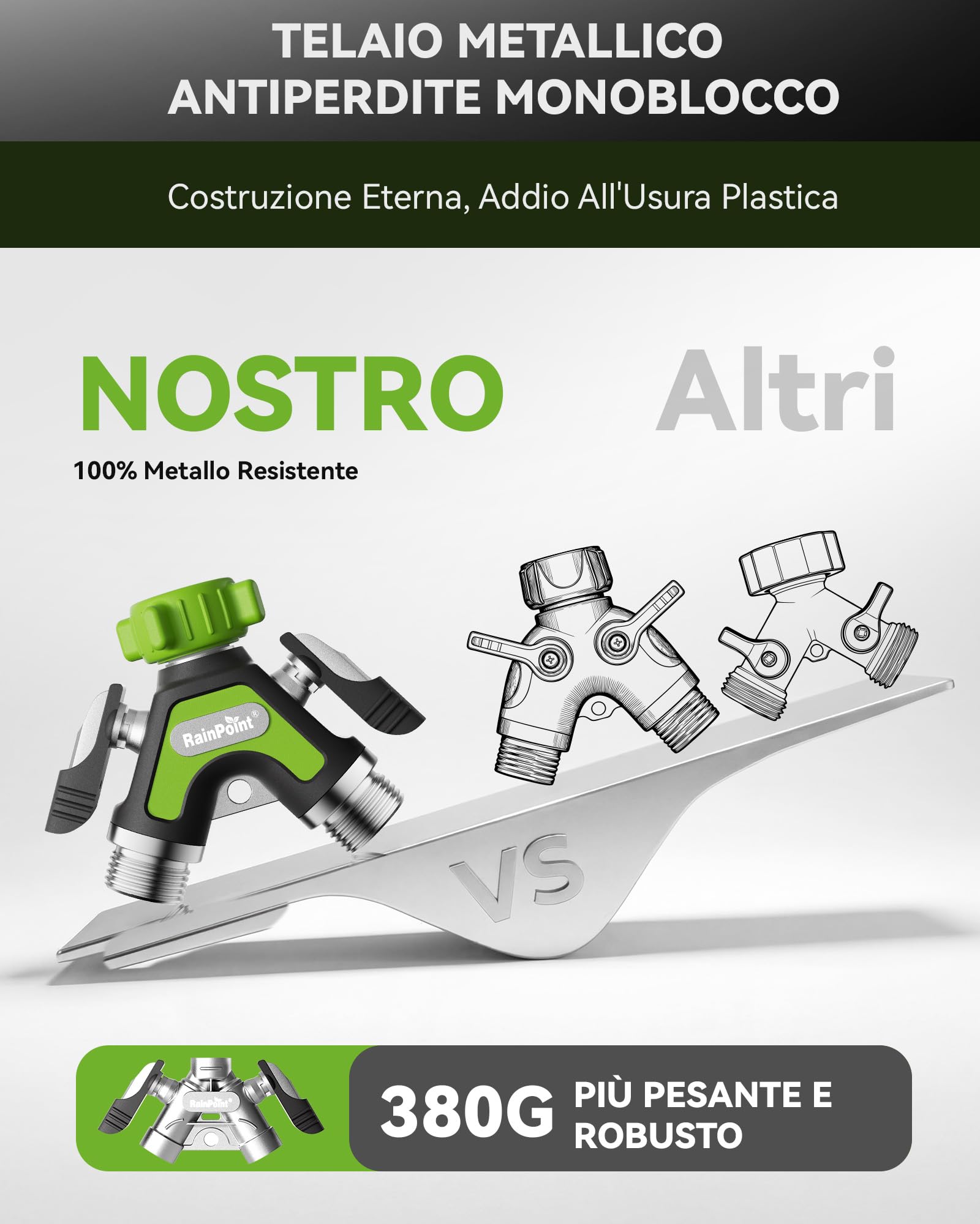 RAINPOINT Deviatore a 2 Vie, Raccordo a Y in Metallo Robusto per Tubo da Giardino con Maniglie Laterali da 5.2cm e Valvole di intercettazione, Divisore Acqua 3/4" e 1/2" per 2 Dispositivi, Verde