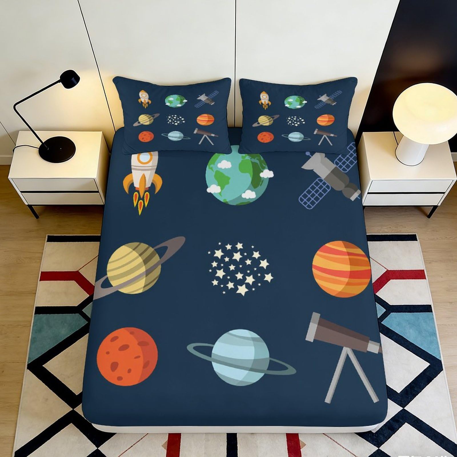 3D Printed Space Planet Pattern Fitted Sheet Microfiber Deep Pocket Non-Slip Bedding for Adults Teens, Astronomy Mattress Fitted Cover 200x200x25cm 90x200x25cm