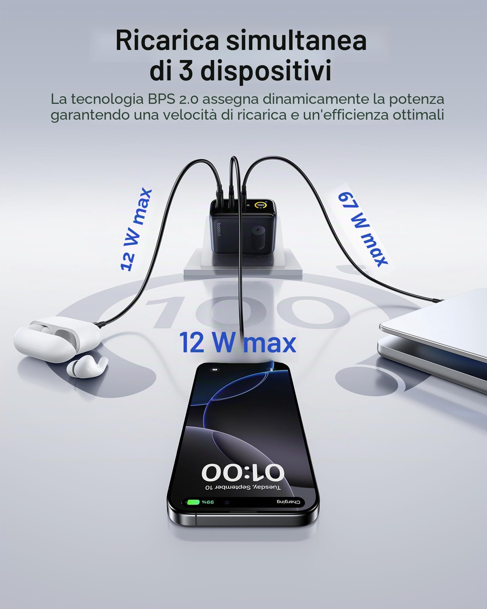 Baseus 100W Picogo USB-C Caricatore, Display Intelligente & Controllo Touch, Caricatore Rapido 3-in-1, Alimentatore USB-C GaN, Compatibile con MacBook, iPhone 17/16/15/14, Galaxy 25, Pixel