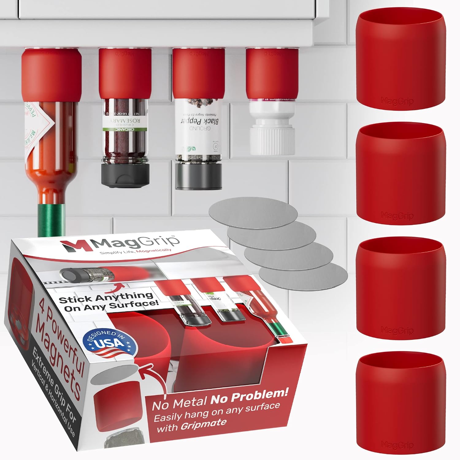 4pk Magnetic Spice Jars Grip, RV Camper Kitchen Organization Must-Haves, Spice Holder (Red, Medium)