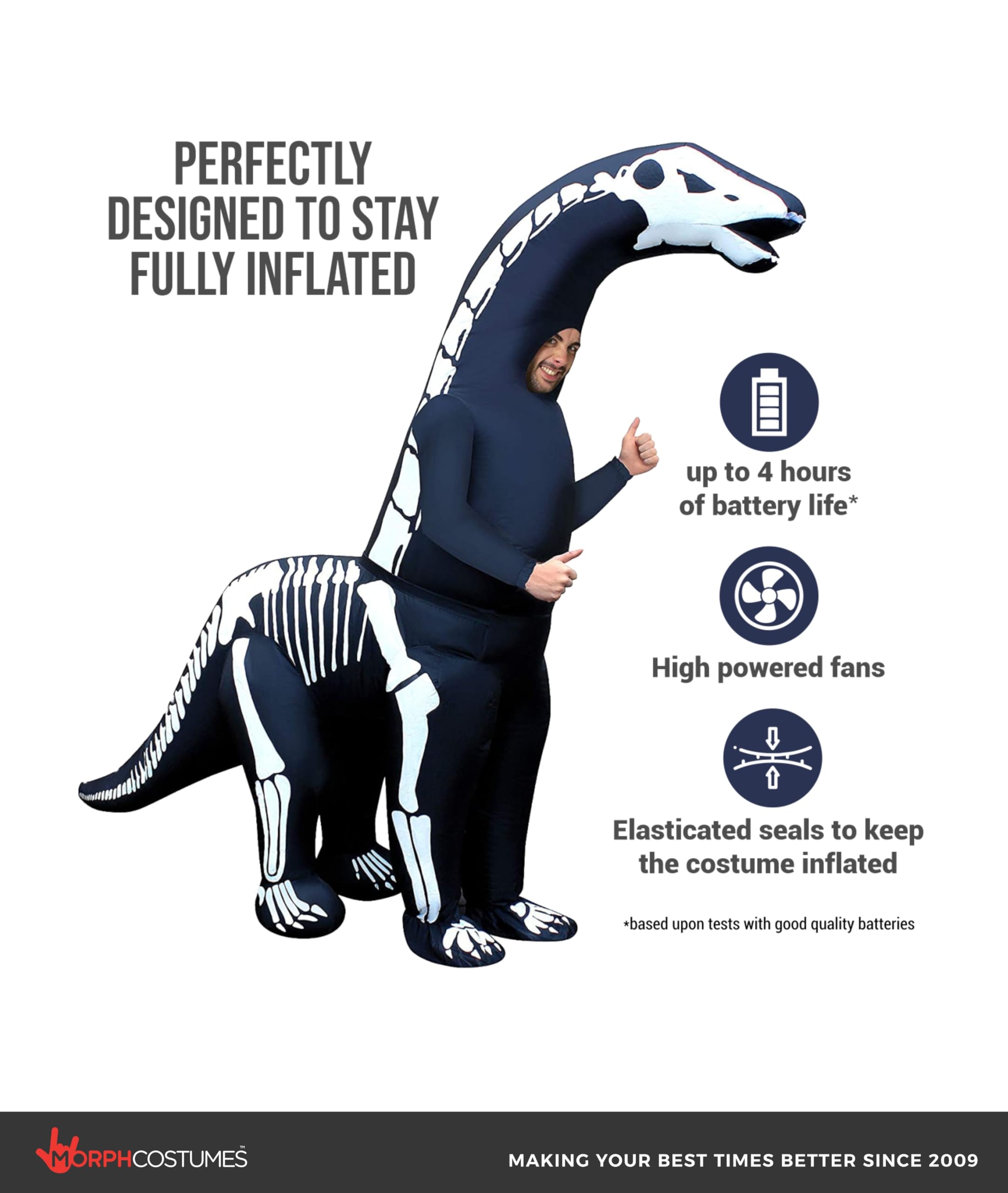 Morph Diplodocus Aufblasbar Kostüm Erwachsene, Halloween Kostüm Schwarz | Aufblasanzug mit Ventilator & langem Hals, Schwarzes Dino-Design, Bläst in 60 Sek auf, Perfekt für Halloween, Immer ein Hit