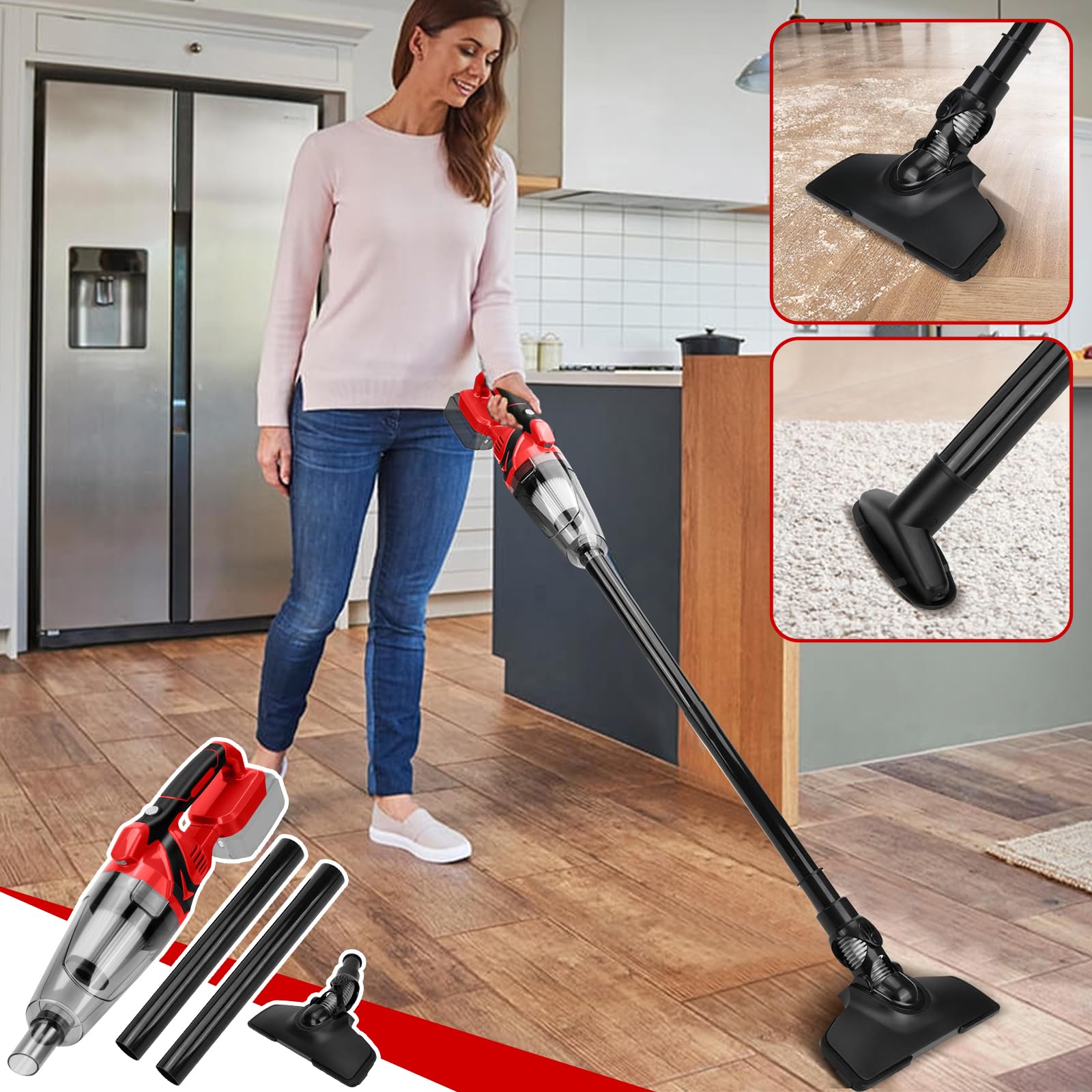 Aspirador de Mano a batería 10000 Pa para Milwaukee 18V (sin batería) | Aspirador Portátil, 4 Boquillas, Depósito 0,75L, para Suelos de Madera, Alfombras, Pelo de Mascota, Coche