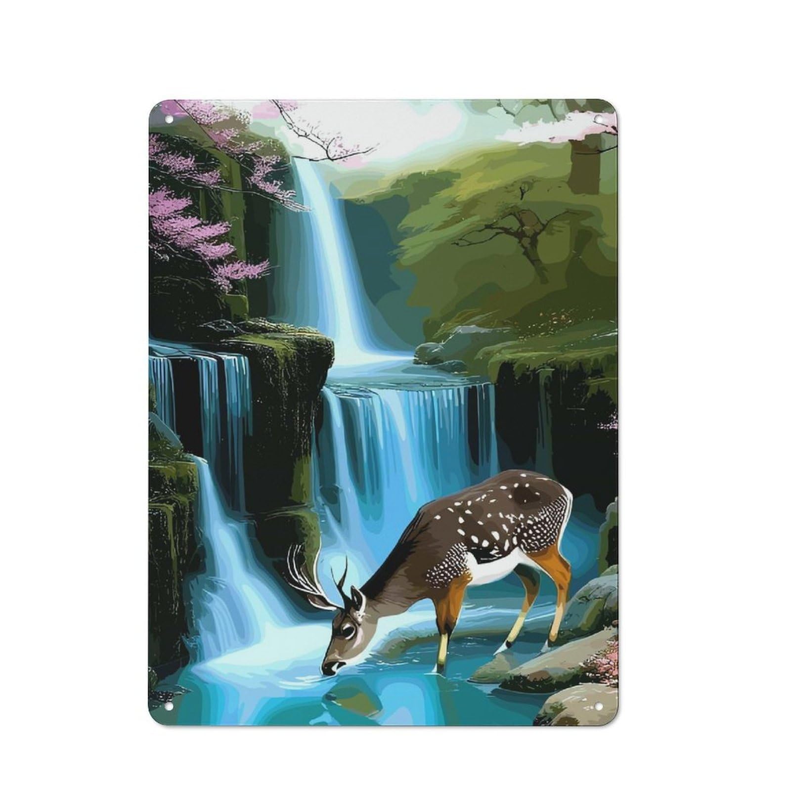 Junmoney Deer Drinking Water Near Waterfall Metal Wall Sign 40X30cm, Loft Style Urban Room Decor For Flat, Bar, Studio Or Gallery Wall
