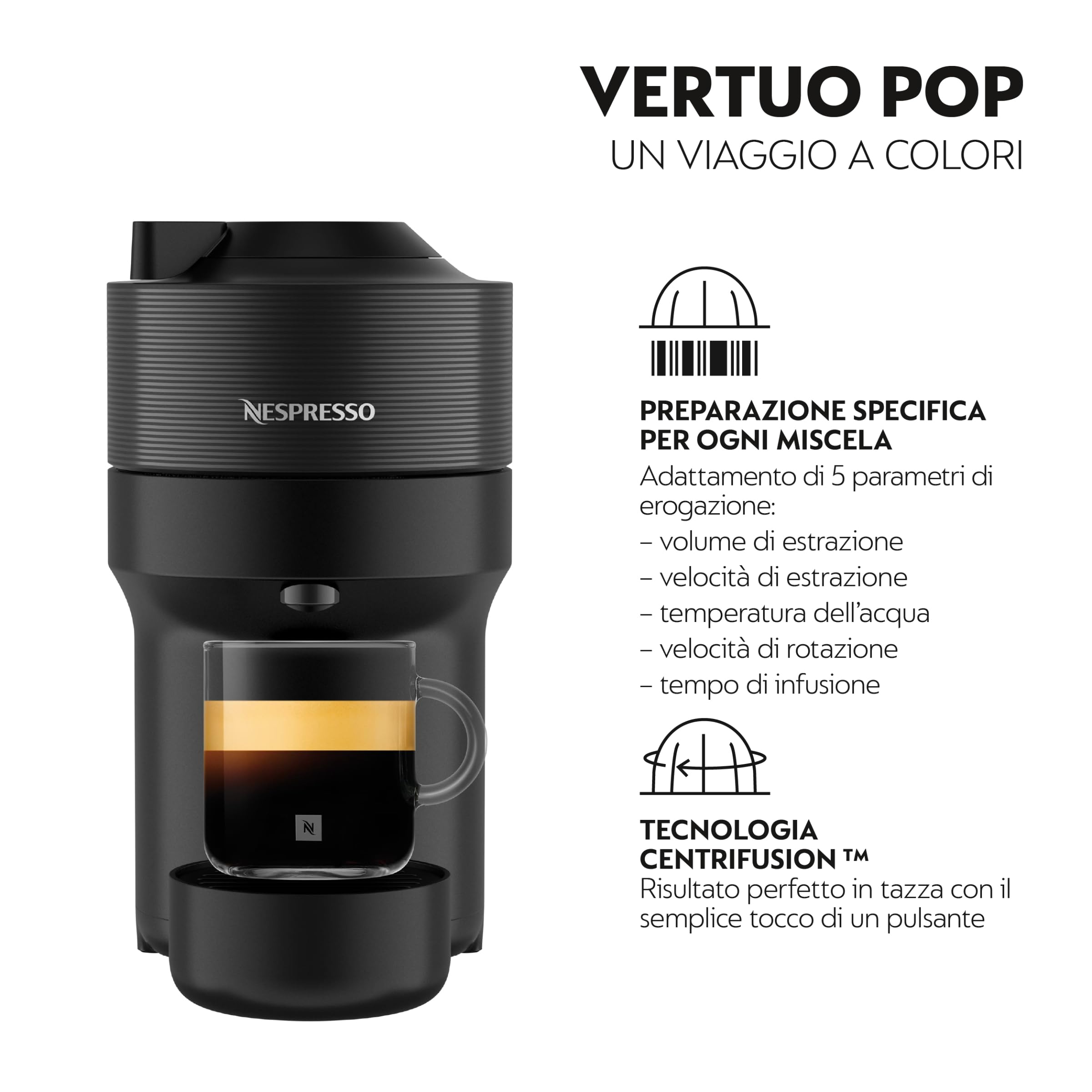 De'Longhi Nespresso Vertuo Pop ENV90.B, Macchina Caffè a Capsule con Tecnologia Centrifusion, 4 Formati in Tazza, Incluso Set di Benvenuto con 12 Capsule, 1260W, Liquorice Black