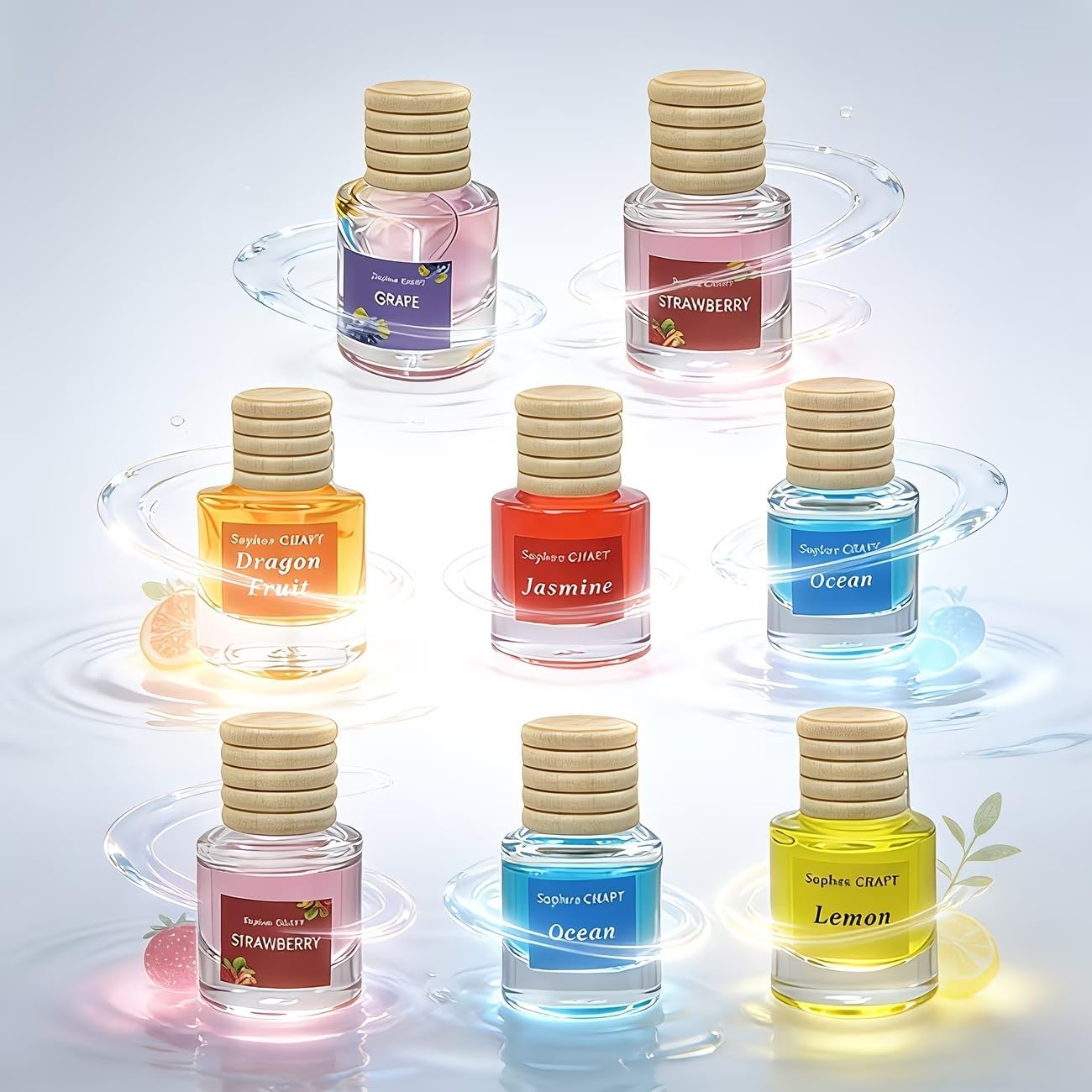 Air Diffuser Essential Oil Set | 24 Natural Scents Like Jasmine, Ocean, Sandalwood | Long Lasting Car Air Freshener for Women & Men | Hanging Glass Bottles, Air Freshener for Travel (8 ML Per Bottle)