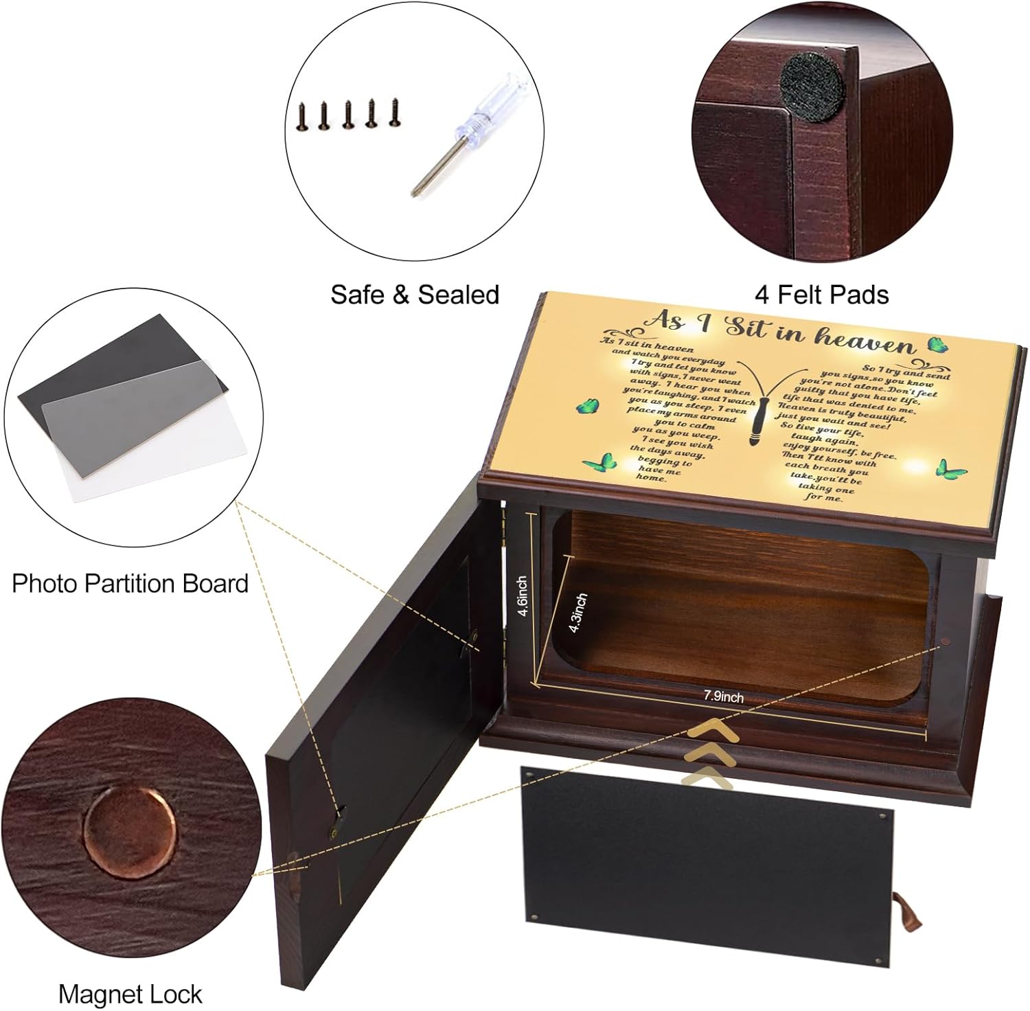 Cremation Urns for Human Ashes Adult Male Female Wooden Urns with Photo Frame for Women Men Funeral Memorial Decorative Wood Urns for Ashes Large Burial Urn Box and Casket Up to 250 IBS (Butterfly) - Image 3