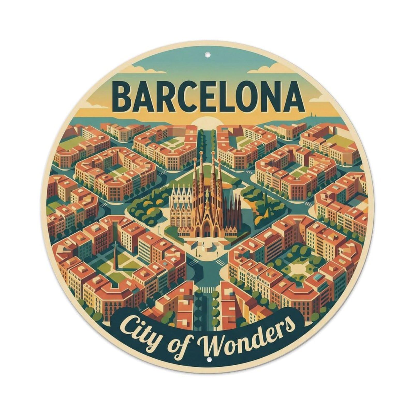 Barcelona Aerial View Cityscape Retro Travel Spanish Metal Tin Sign Plaque Wall Decor for Cafe, Man Cave, Club Bar, Office, Home Garden Round Metal Poster 8x8Inch