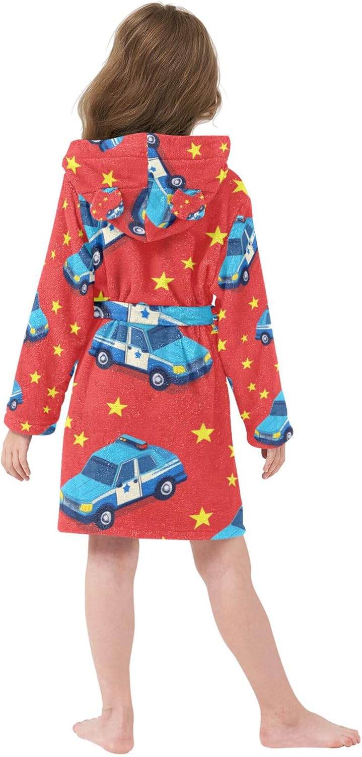 Car Graphic Police Red Bathrobe Hooded PJ Robe Soft Fleece Robe Pajama Sleepwears 2-12 Years