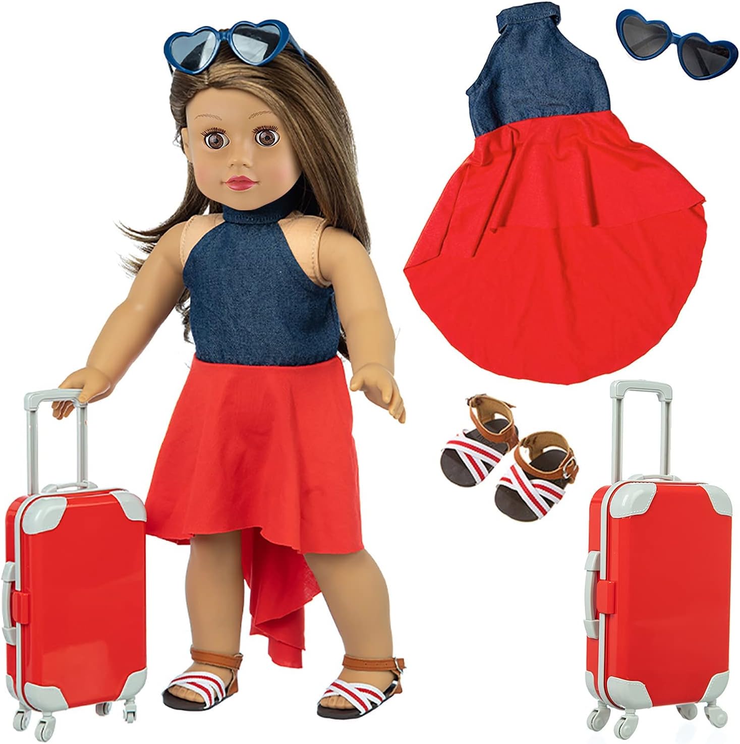 Ecore Fun 17 Pcs 18 Inch Doll Clothes and Accessories Included 5 Sets Doll Outfits 5 Pairs of Random Doll Shoes and Doll Travel Luggage Hair Clips Necklace Sunglasses Fit for 18 inch Doll