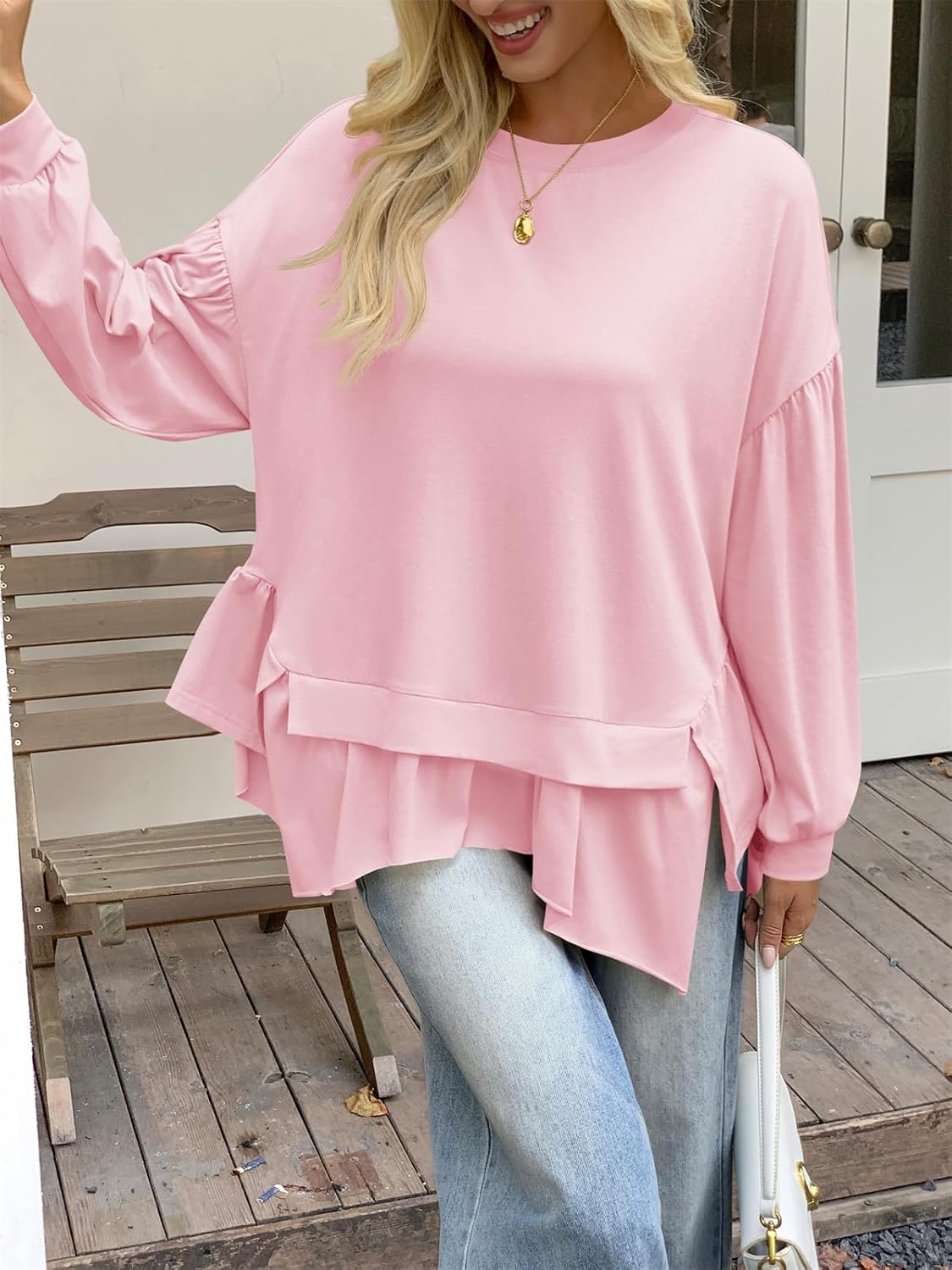 Tankaneo Womens Oversized Tops Peplum Puff Long Sleeve Shirts Trendy Casual Loose Fit Crew Neck Tunic Shirts - Image 6