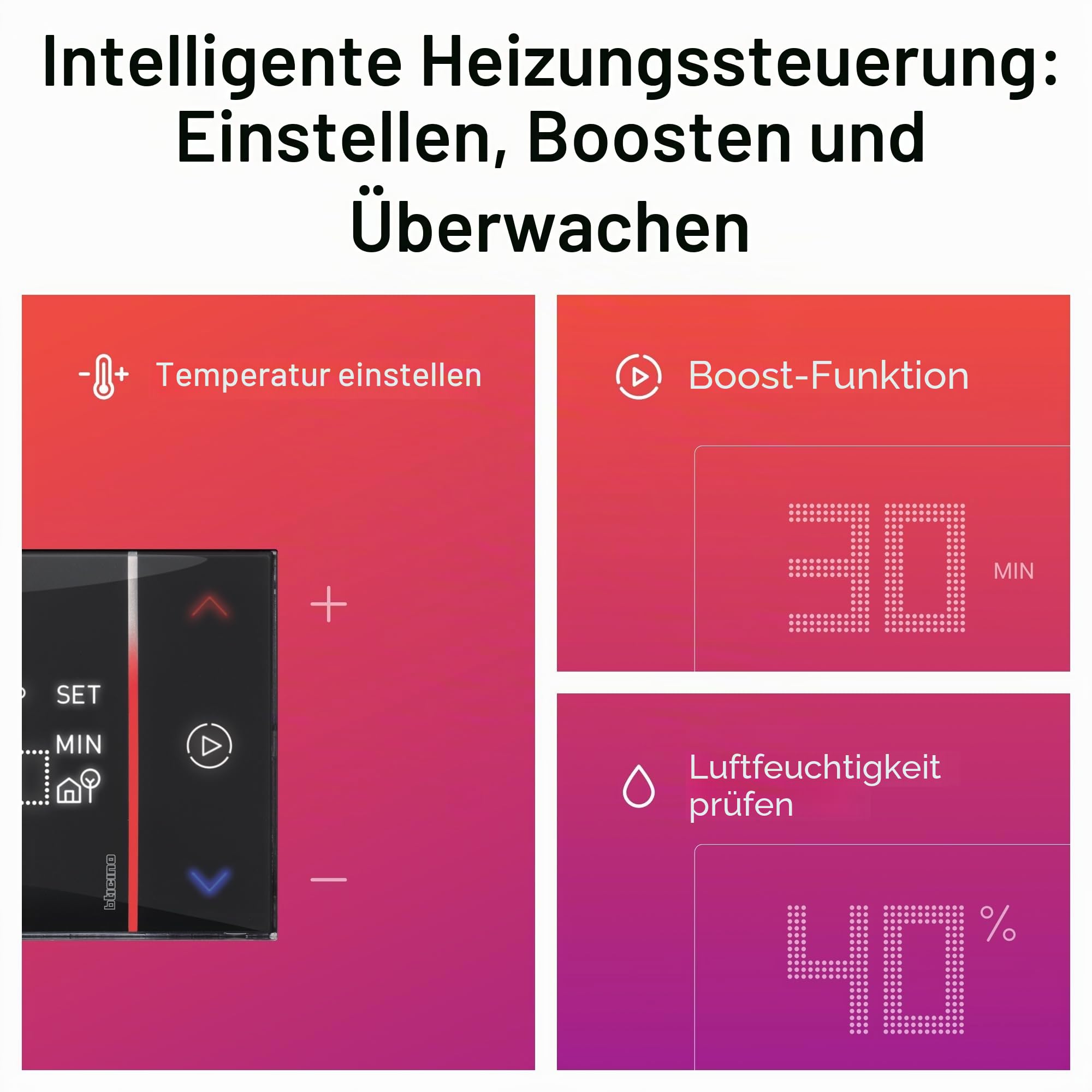 BTICINO Smarther with Netatmo, angeschlossenes Thermostat, WLAN, Fernbedienung mit App Home + Control, kompatibel mit Alexa, Google Assistant & Apple HomeKit, Einbauinstallation, Schwarz (XG8002E)