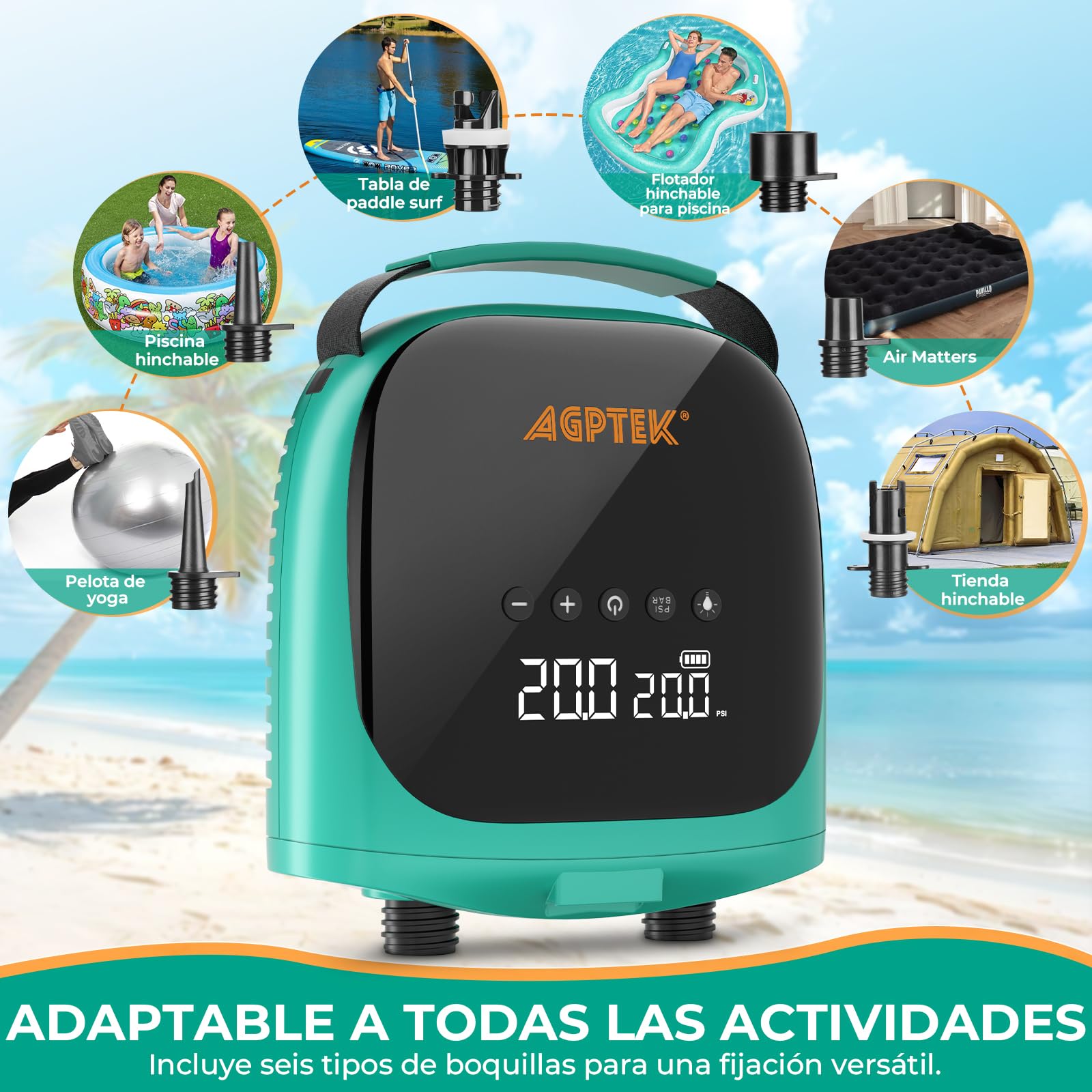 AGPTEK Inflador Paddle Surf Eléctrico Portátil, 20PSI, Autoapagado | 12V Coche, 6 Boquillas, Inflado/Desinflado Rápido, Paddle Surf, SUP, Kayak, Bote Inflable, Hinchable, Apagado Automático