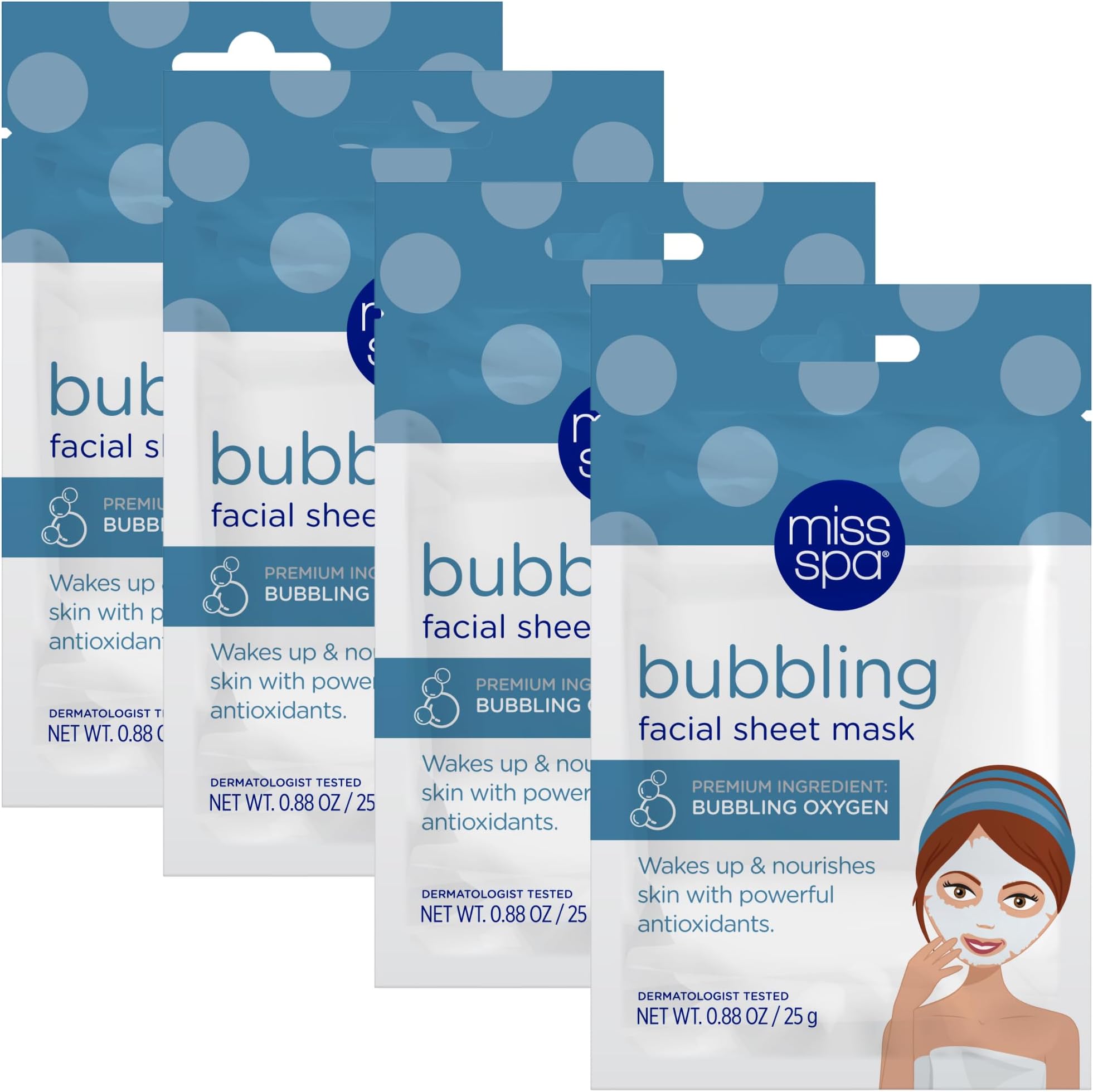 MISS SPA Bubbling Oxygen Facial Sheet Mask Set, Antioxidant-Rich Foaming Face Mask, Firmer and Younger Skin, Anti-Aging, Anti-Wrinkle, Skin Care for Women, 4-Pack