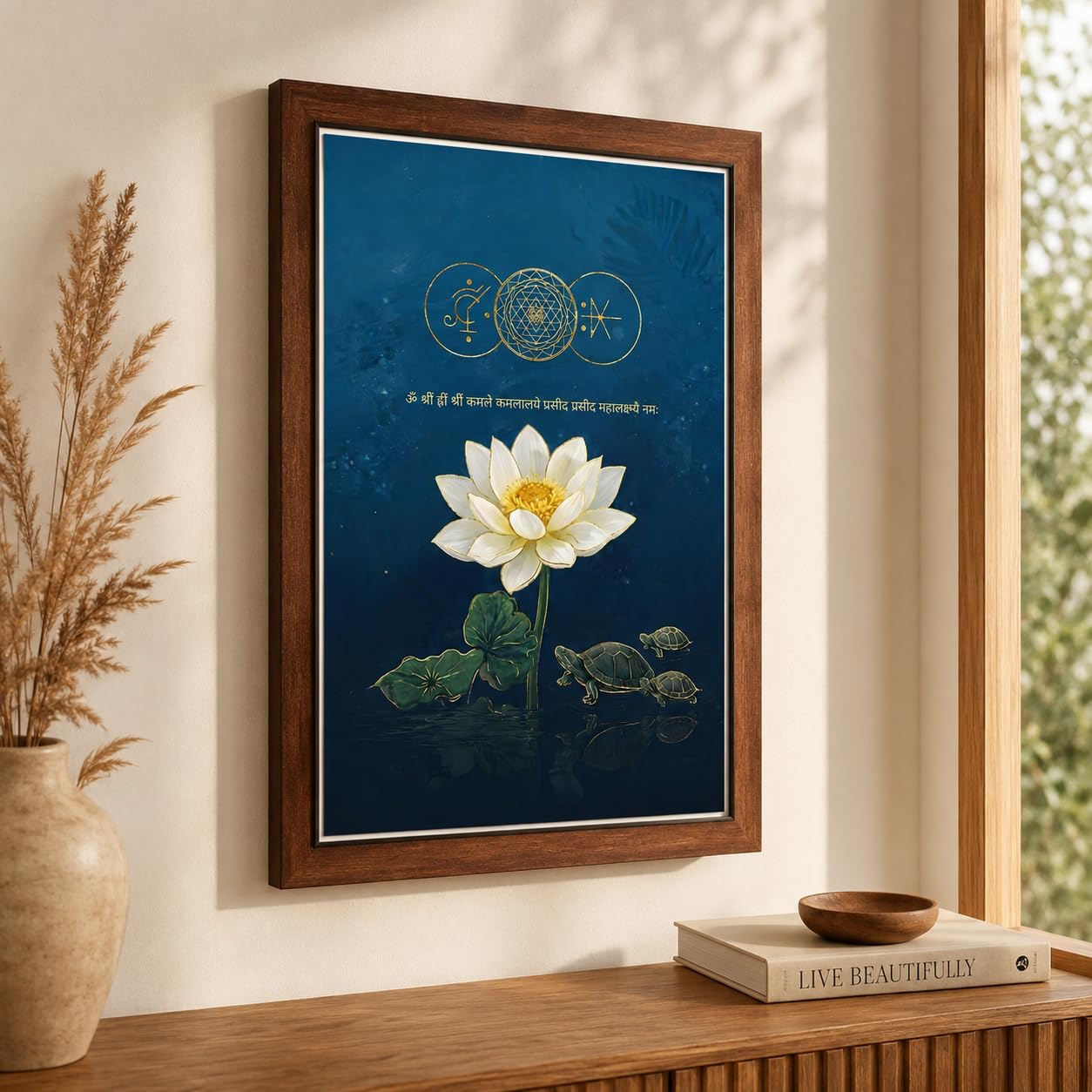 CRAFT QUEST Shree Yantra Wealth Attraction Wall Art with Lakshmi Lotus & Tortoise – Vastu Energy Poster for Prosperity, Money Flow & Stability Photo Frame for Home, Office (Brown, 14 X 20 Inches)-image-22