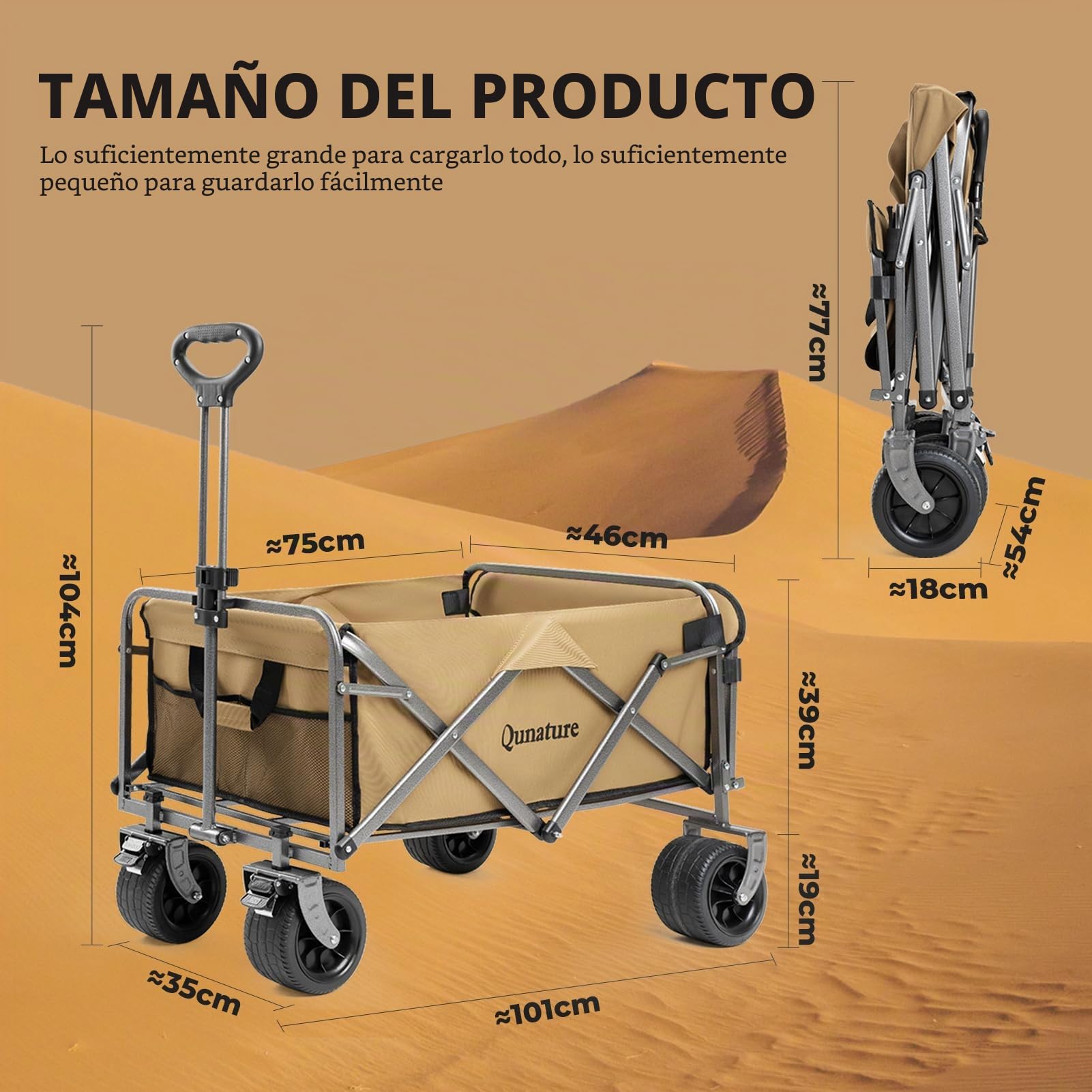 Carro de Mano Plegable 180 L con Ruedas Grandes y Freno, Manija Ajustable, Bolsillos, Carrito Transporte Carga hasta 150 kg para Jardín, Camping, Playa, Picnic y Compras
