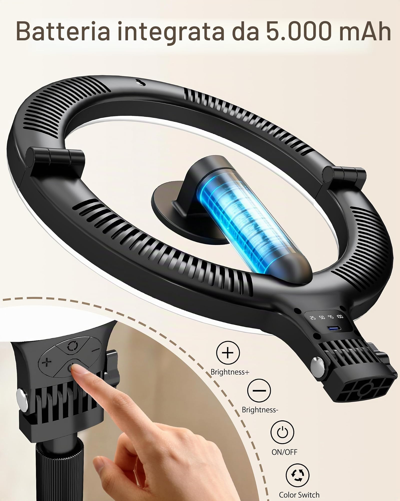 NiceVeedi Luce ad anello da 25,4 cm per registrazione video, 5000 mAh, pieghevole, per selfie, con supporto e supporto magnetico per telefono, luce halo per videoconferenze, per live streaming