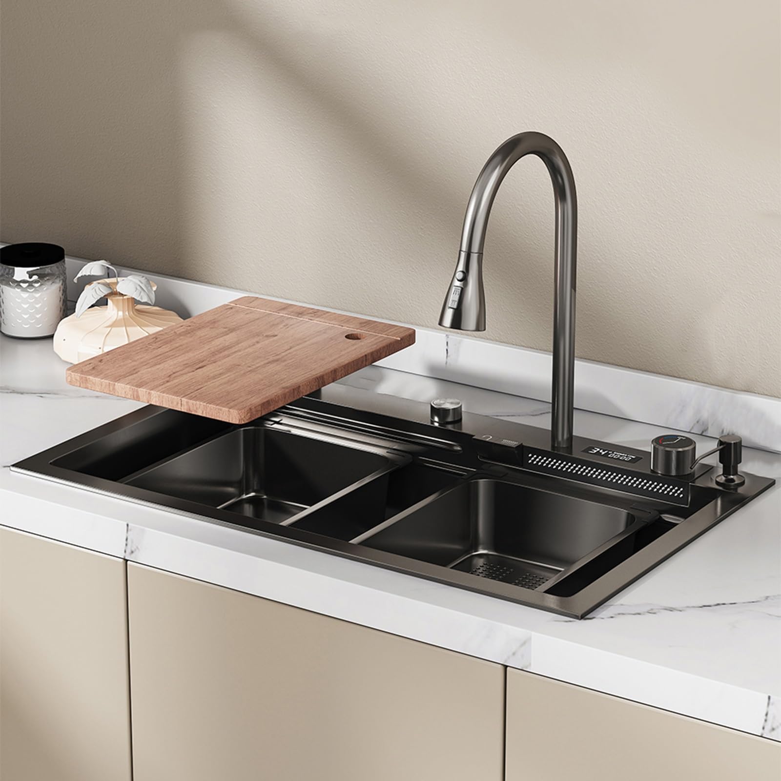 CSXSXAUO Waterfall Stainless Steel Utility Sink with Digital Display Drop-in/Undermount Pull-down Faucet Chopping Board & Cup Washer - 80 Size
