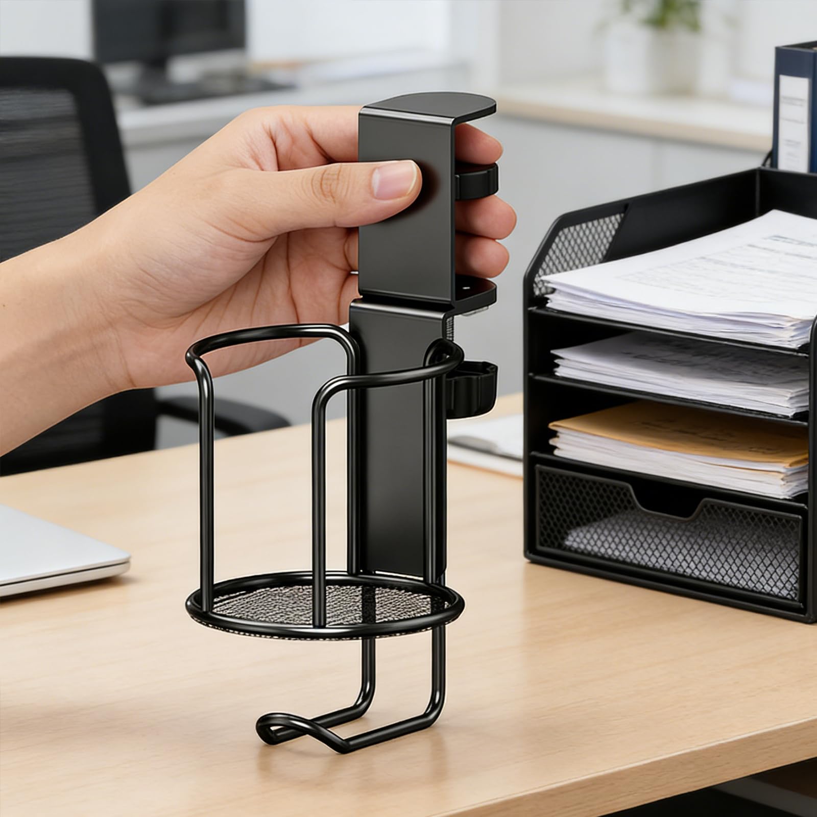 2 in 1 Clamp On Desk Cup Holder with Headphone Hanger Anti-Spill Table Cup Hook Easy to Install for Coffee Mups Water Bottles Headphones (Rotatable)
