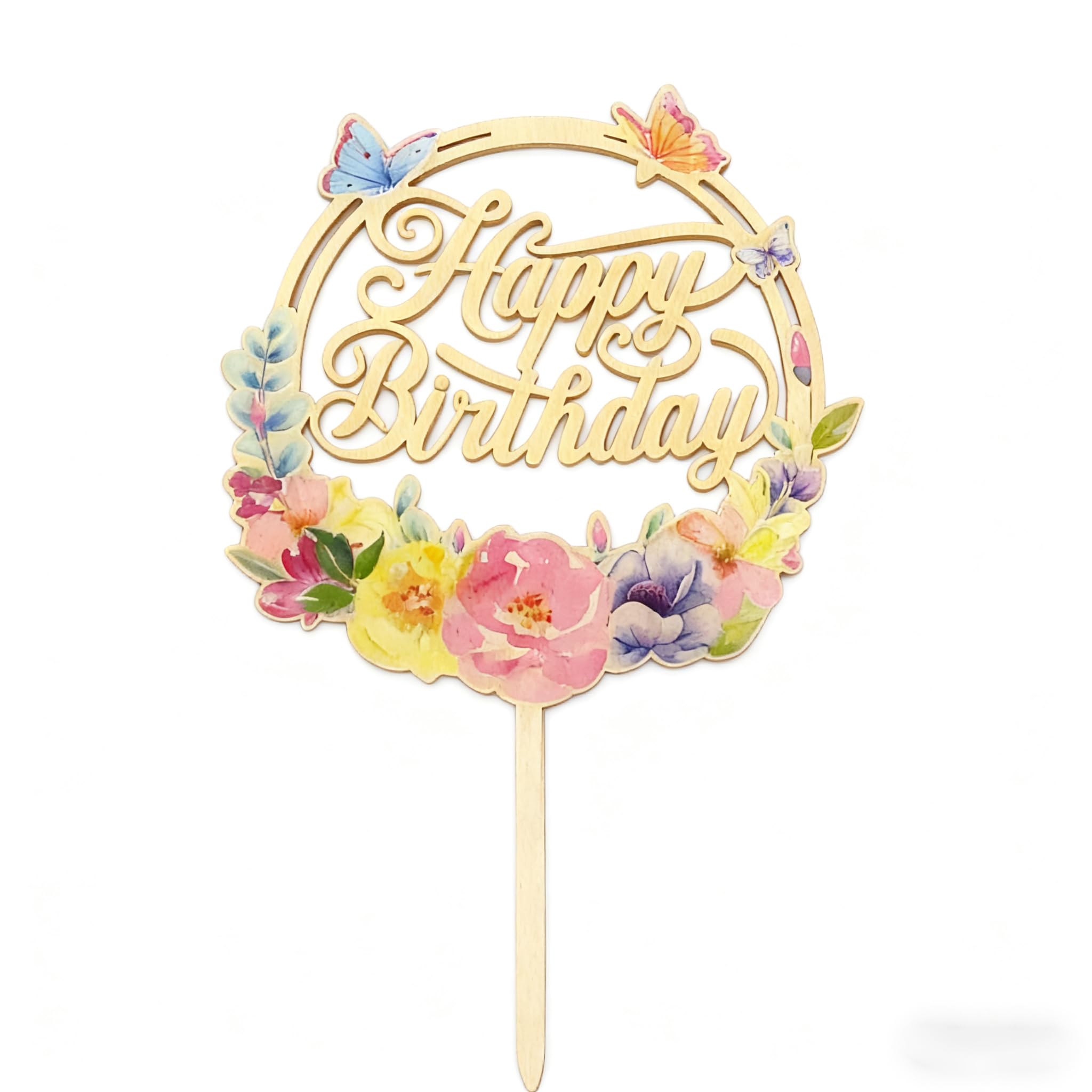 Happy Birthday Cake Topper,Cake Decorations for Women, Wooden Butterfly Floral Cake Pick, 22cm x 14cm Birthday Party Decoration with βHappy Birthdayβ Sign