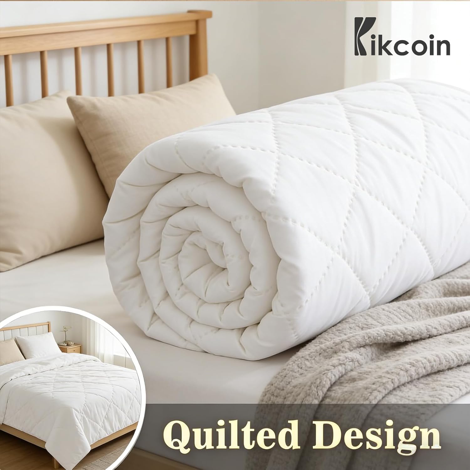 KIKCOIN Queen Size Mattress Pad - Quilted, Breathable Mattress Topper Protector with 8-16" Deep Pocket, Soft Cushioning, Machine Washable, 60x80 Inch, White