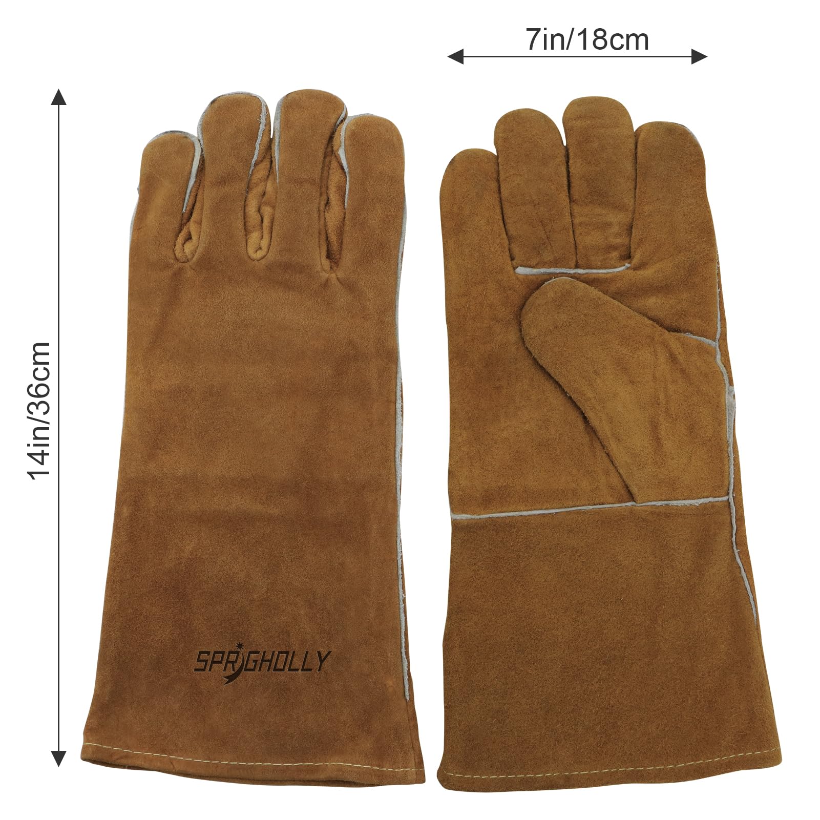 Guantes de soldadura 14 pulgadas 932℉ Guantes de cuero para soldadura forja/mig Resistentes al calor/fuego, horno/parrilla/chimenea/horno/cacerola/caldera/BBQ/manipulación de animales.