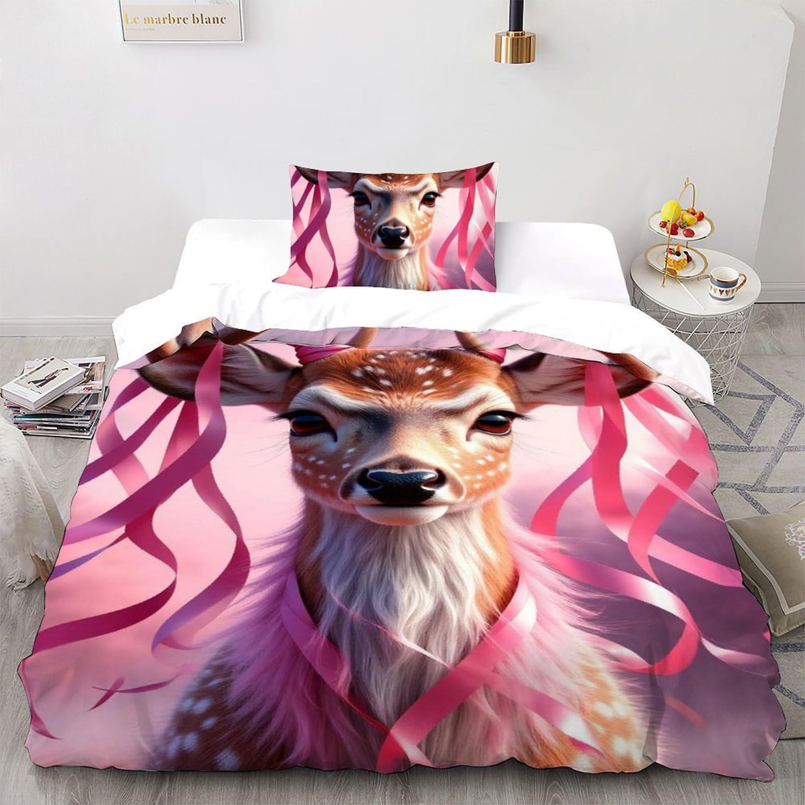 Housse de couette cerf rose imprimé 3D relief en microfibre douce lit simple 135x200