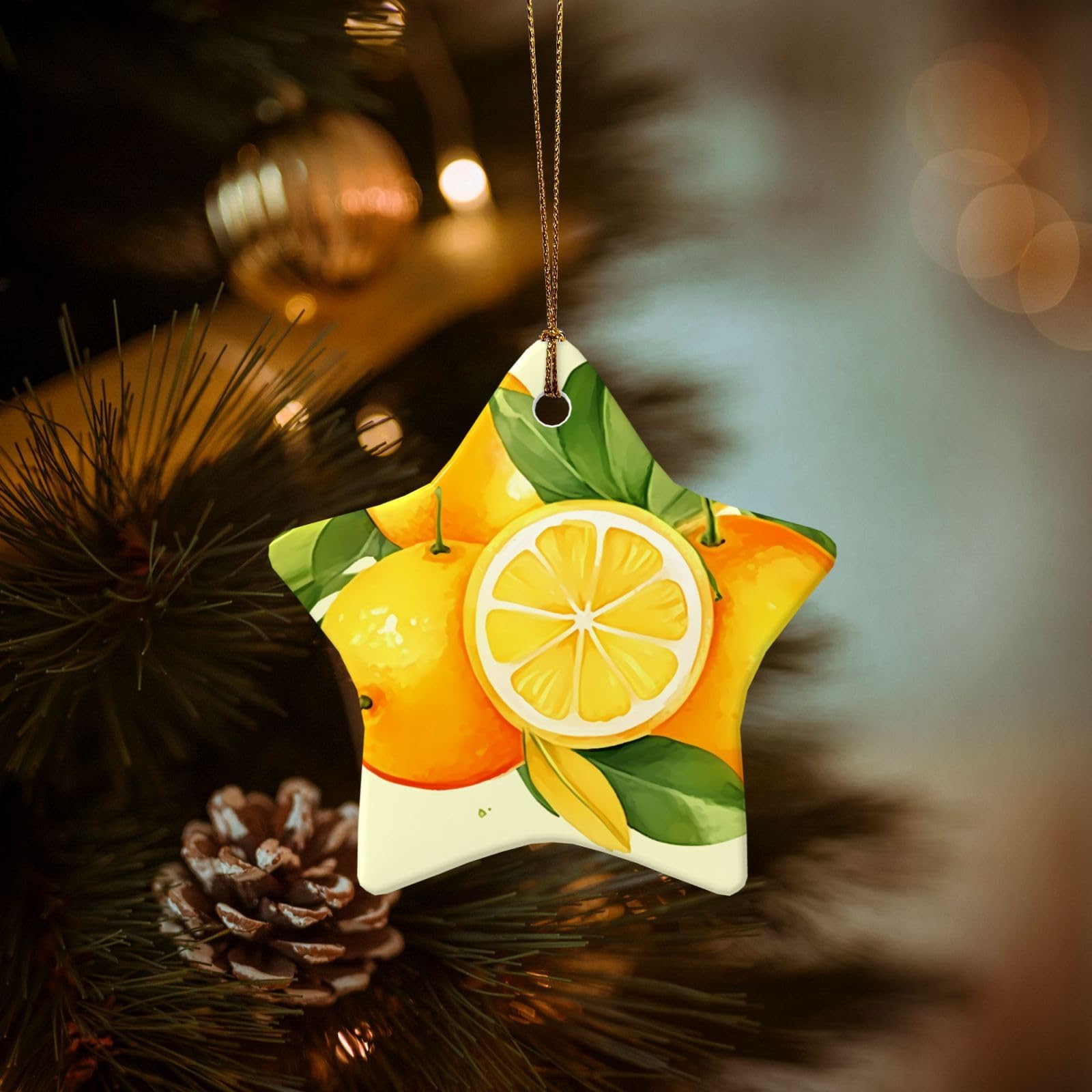 Christmas Tree Ornaments Ceramics Christmas Decorations Watercolor Lemon Fruit Ornaments with Gold Ribbon Porcelain Xmas Tree Crafts Star Shape Hanging Pendant for Christmas Tree Party Decor