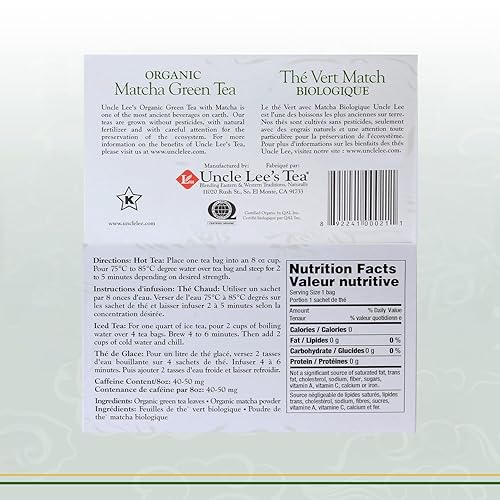 Vista 2 de Uncle Lee's - Bolsas de té verde matcha orgánico, 40 unidades, ricas en antioxidantes, bajas en cafeína, mezcla naturalmente energizante
