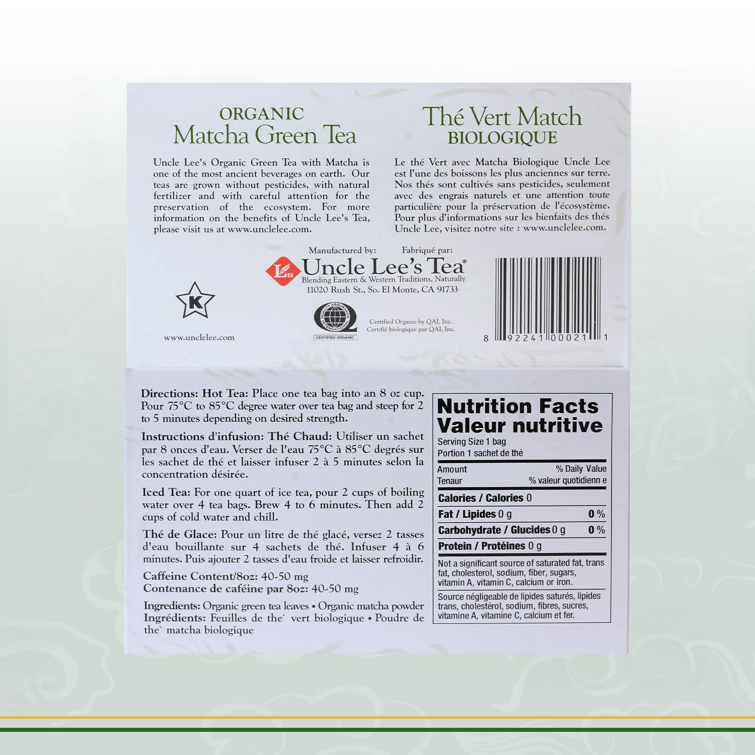 Uncle Lees Organic Matcha Green Tea Bags 40 Count Antioxidant-Rich Low Caffeine Naturally Energizing Blend — view 2