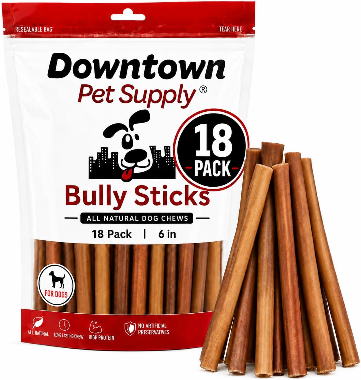 Downtown Pet Supply Bully Sticks for Dogs - Natural 6 Inch Beef Chews, Odor-Free & Rawhide-Free, Long Lasting Dog Treats for Aggressive Chewers - Healthy, Safe & Delicious Chews Dogs Love (18 Pack)