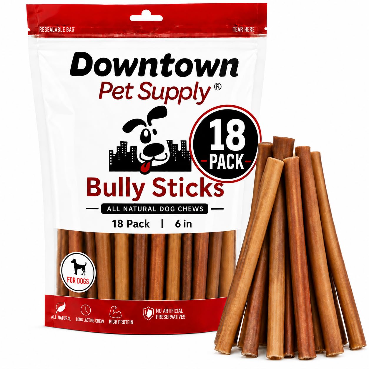Downtown Pet Supply Bully Sticks for Dogs - Natural 6 Inch Beef Chews, Odor-Free &amp; Rawhide-Free, Long Lasting Dog Treats for Aggressive Chewers - Healthy, Safe &amp; Delicious Chews Dogs Love (18 Pack)