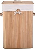 Vista 5 de GOFLAME Cesta portátil de bambú para ropa sucia, cesta de almacenamiento de ropa sucia con tapa y forro extraíble, gran contenedor de ropa con asas