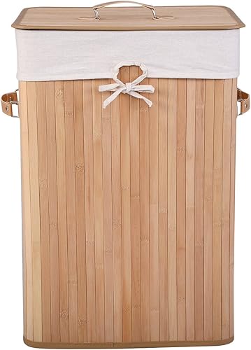 Vista 5 de GOFLAME Cesta portátil de bambú para ropa sucia, cesta de almacenamiento de ropa sucia con tapa y forro extraíble, gran contenedor de ropa con asas