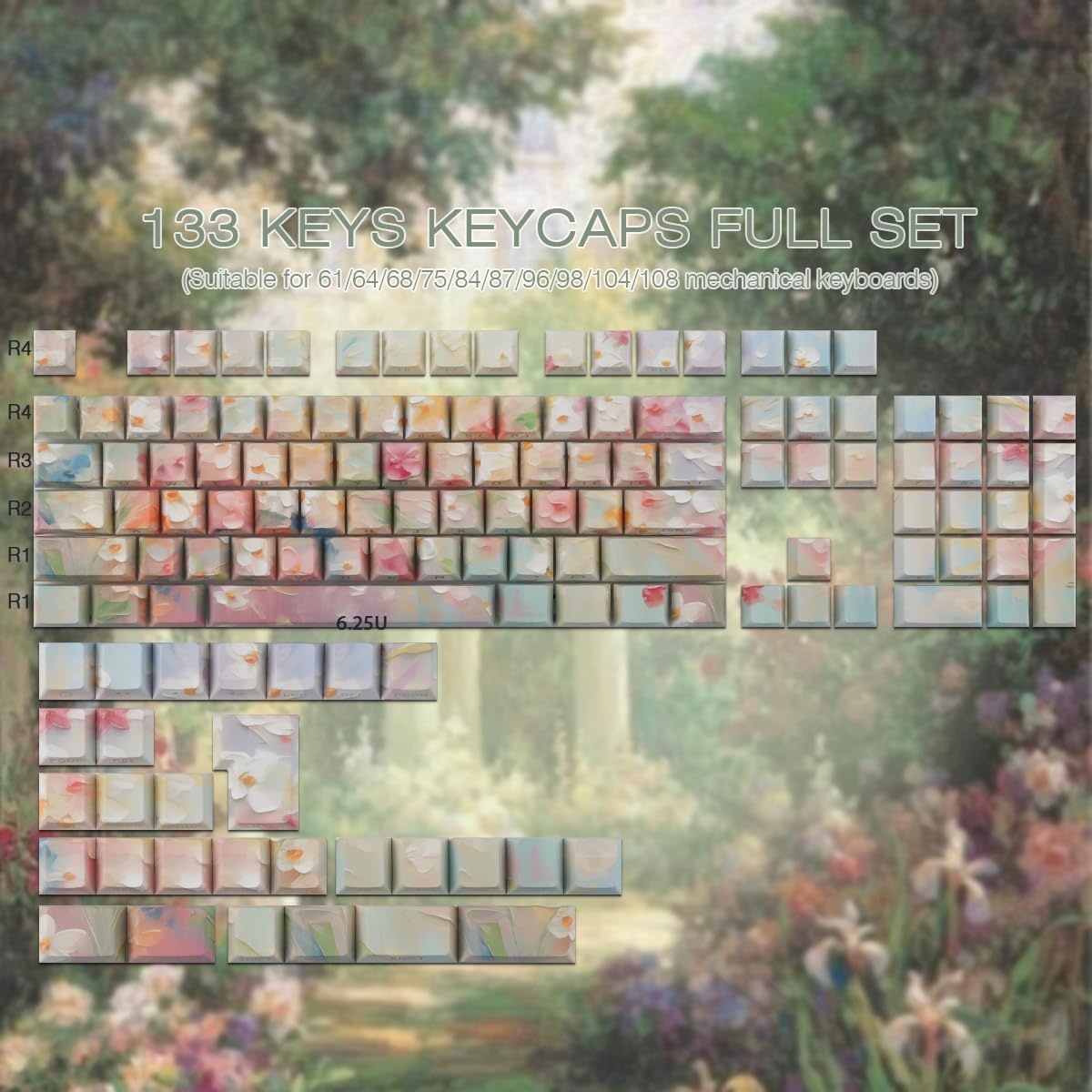 JOMKIZ Garden Oil Painting PBT Keycap Set - Side Printed Shine Through, 133 Keys Cherry Profile Keycaps, Dye-Sublimation Keycaps for 60%, 65%, 75%, 100% Cherry MX Mechanical Keyboard