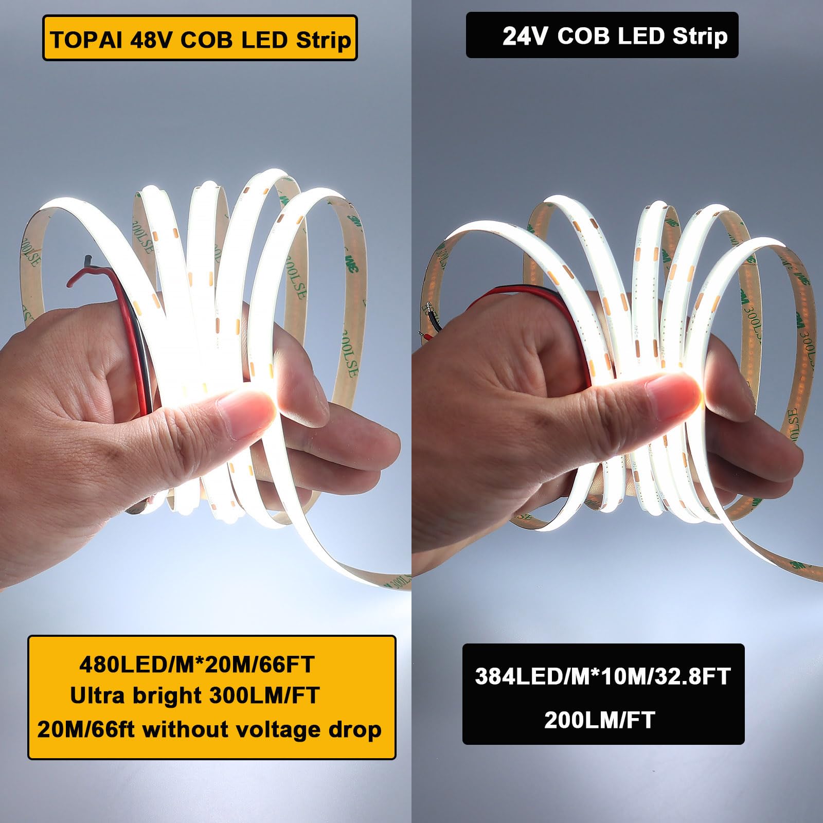 TOPAI COB LED Strip 12 V Warm White Outdoor Waterproof IP65, 5 M LED Strip 3000 K Self-Adhesive