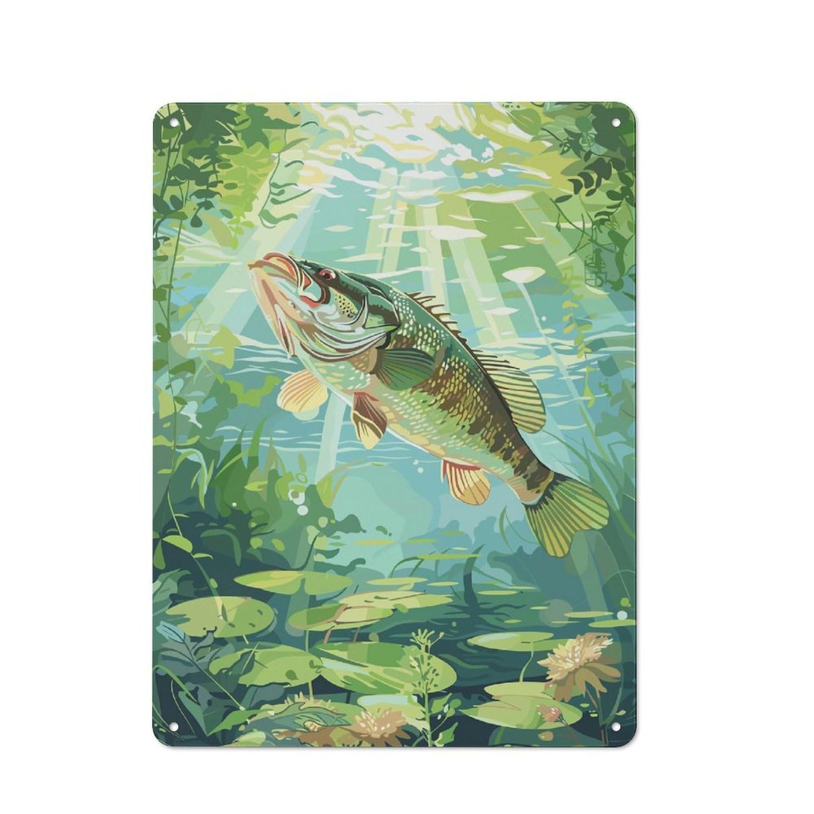 Junmoney Style-8 Metal Wall Plaque With Bass In Underwater Scene Design 40X30cm, Simple Retro Studio Wall Plaque For Hobby Room, Office, Lounge Or Living Room