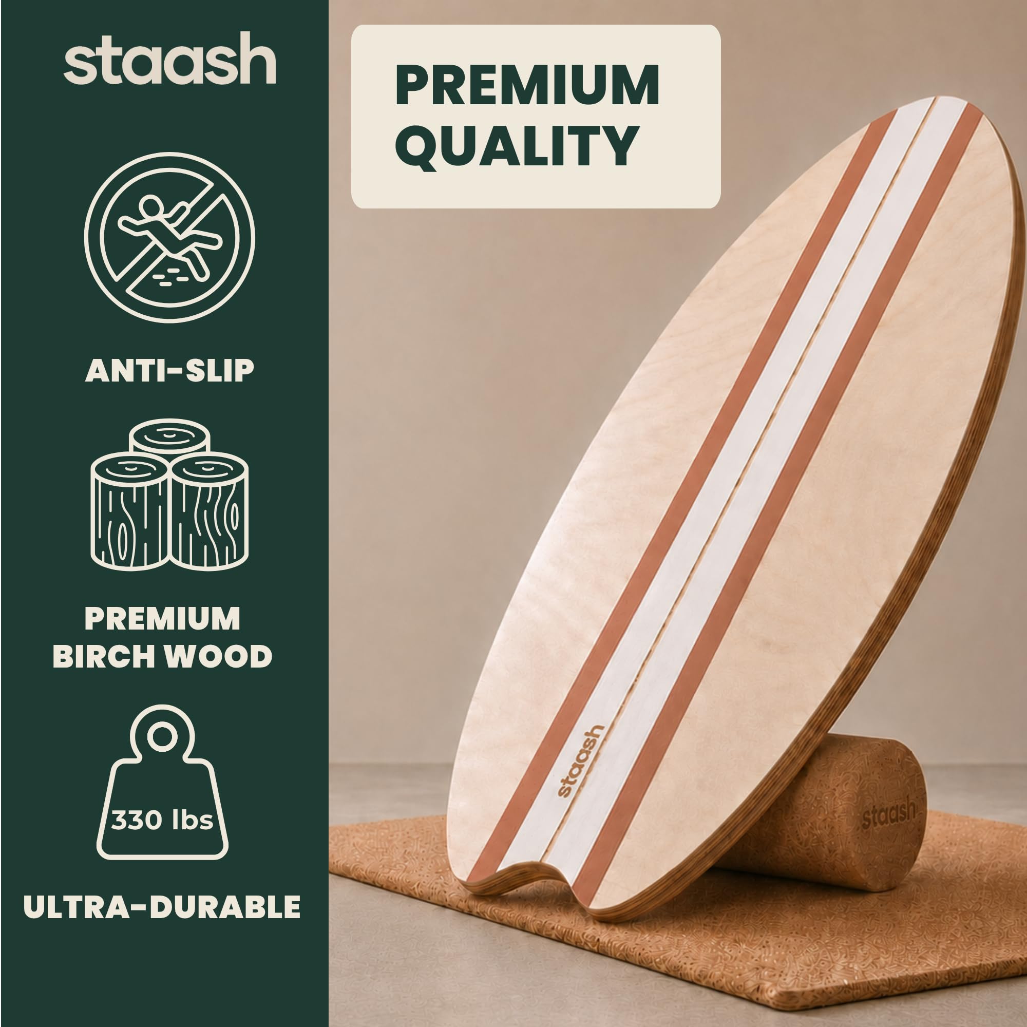 STAASH® Kit Completo 5 in 1 – Balance Board in Legno Premium + Rullo + Semisfera + Pallina + Tappetino in Sughero – App di Allenamento Gratuita – Fitness, Yoga, Surf, Riabilitazione