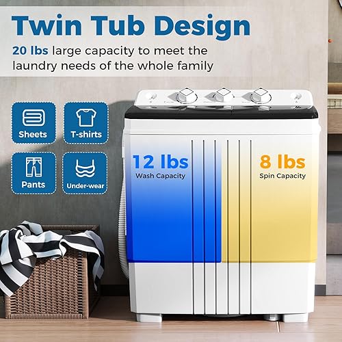 Miniatura 3 de COSTWAY Lavadora portátil, doble tina de 20 libras de capacidad, lavadora de lavandería de 12 libras y giratorio de 8 libras con bomba de drenaje,