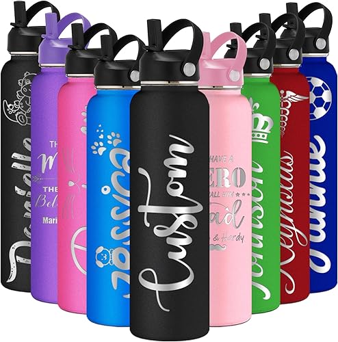 Miniatura 9 de Botellas de agua personalizadas de 24 onzas con nombre grabado, tapa de pajilla, acero inoxidable con aislamiento personalizado, asa de taza Rosado