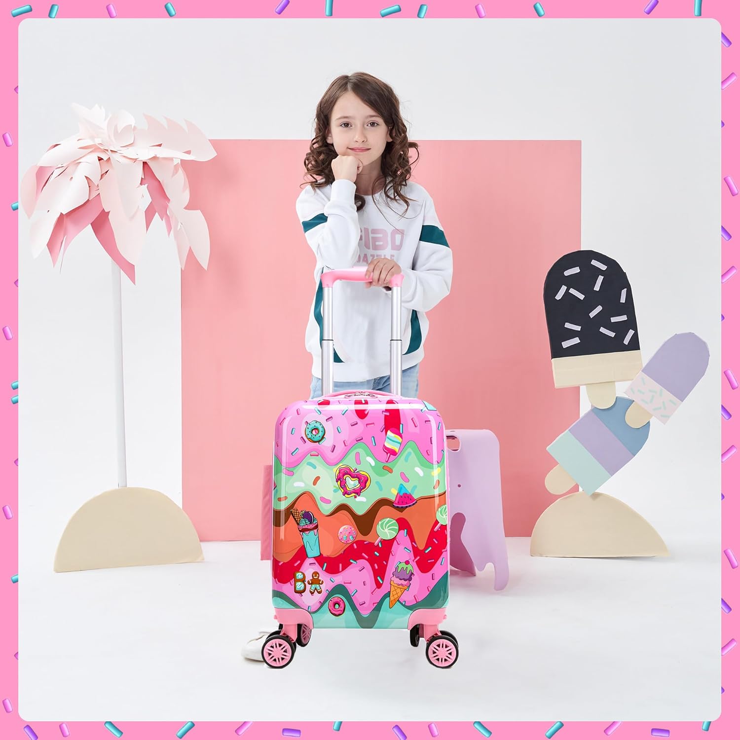 Cute Kid’s Luggage Set 5 Piece Suitcase Set 16’’ Hardside Luggage with Spinner Wheels Girls Carry on Toddler Travel Rolling Suitcase Carry on Luggage Airline Approved