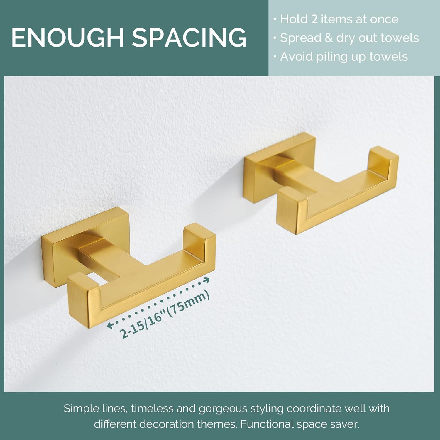 L Shape Bath Towel Hook 2 PCS Bundle with Double Robe Hook 2 PCS (Brushed Gold)