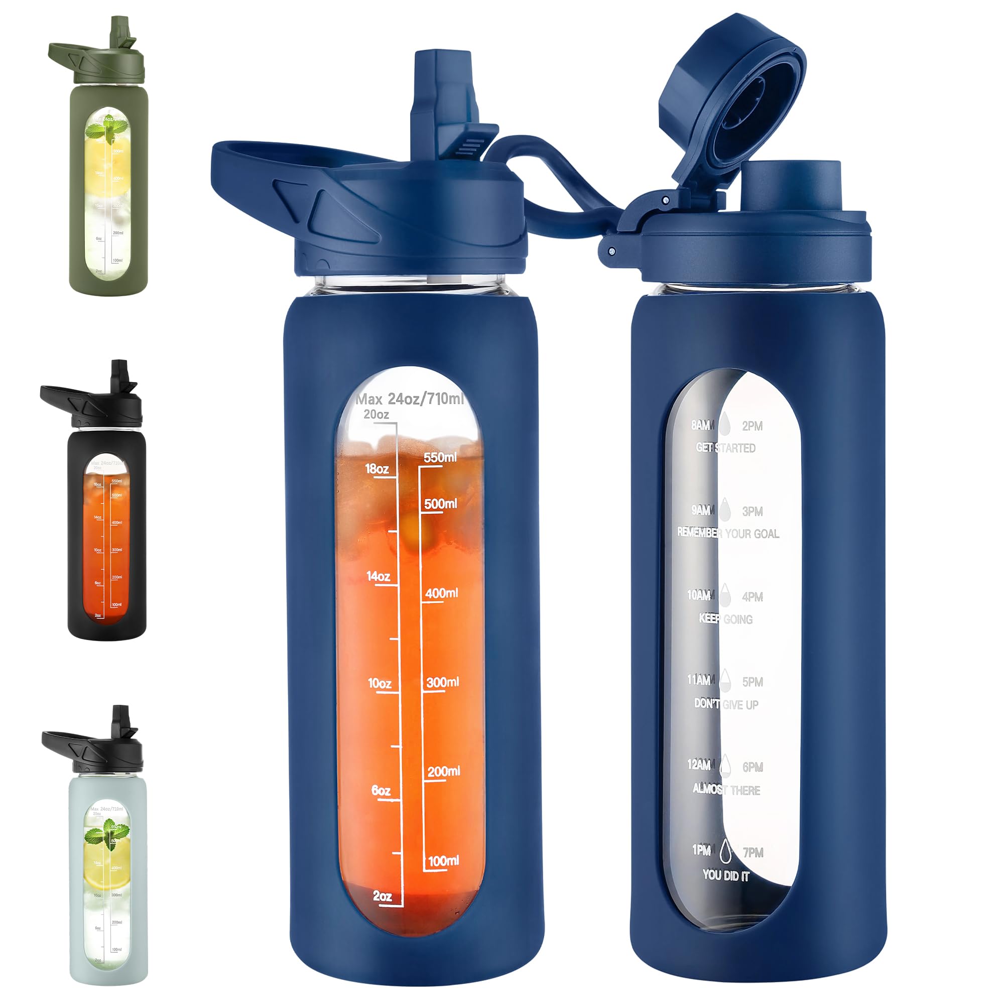 CIVAGO 24 oz Glass Water Bottle with Straw, Large Motivational Water Jug